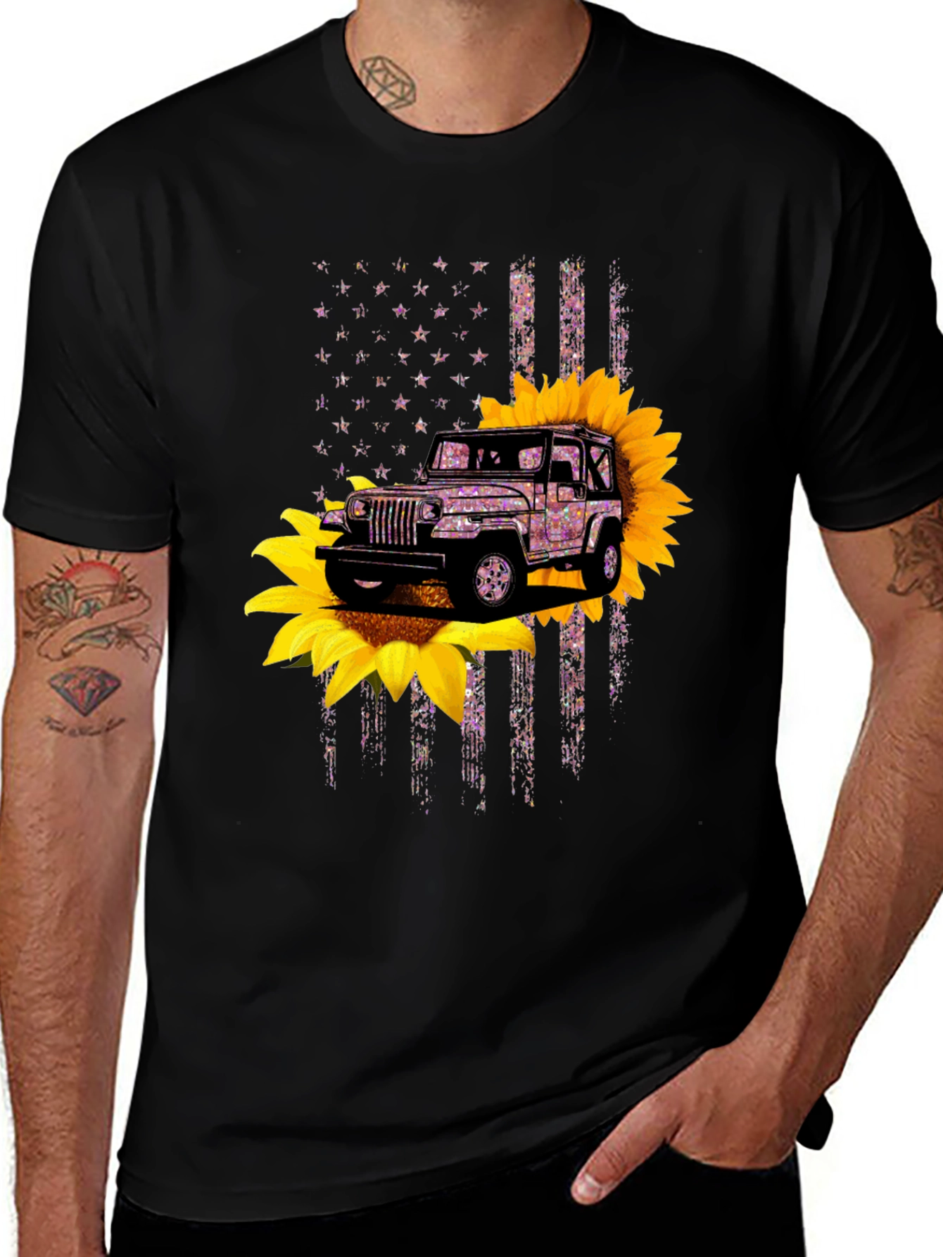 Jeep Sunflower American Flag Graphic T-Shirt