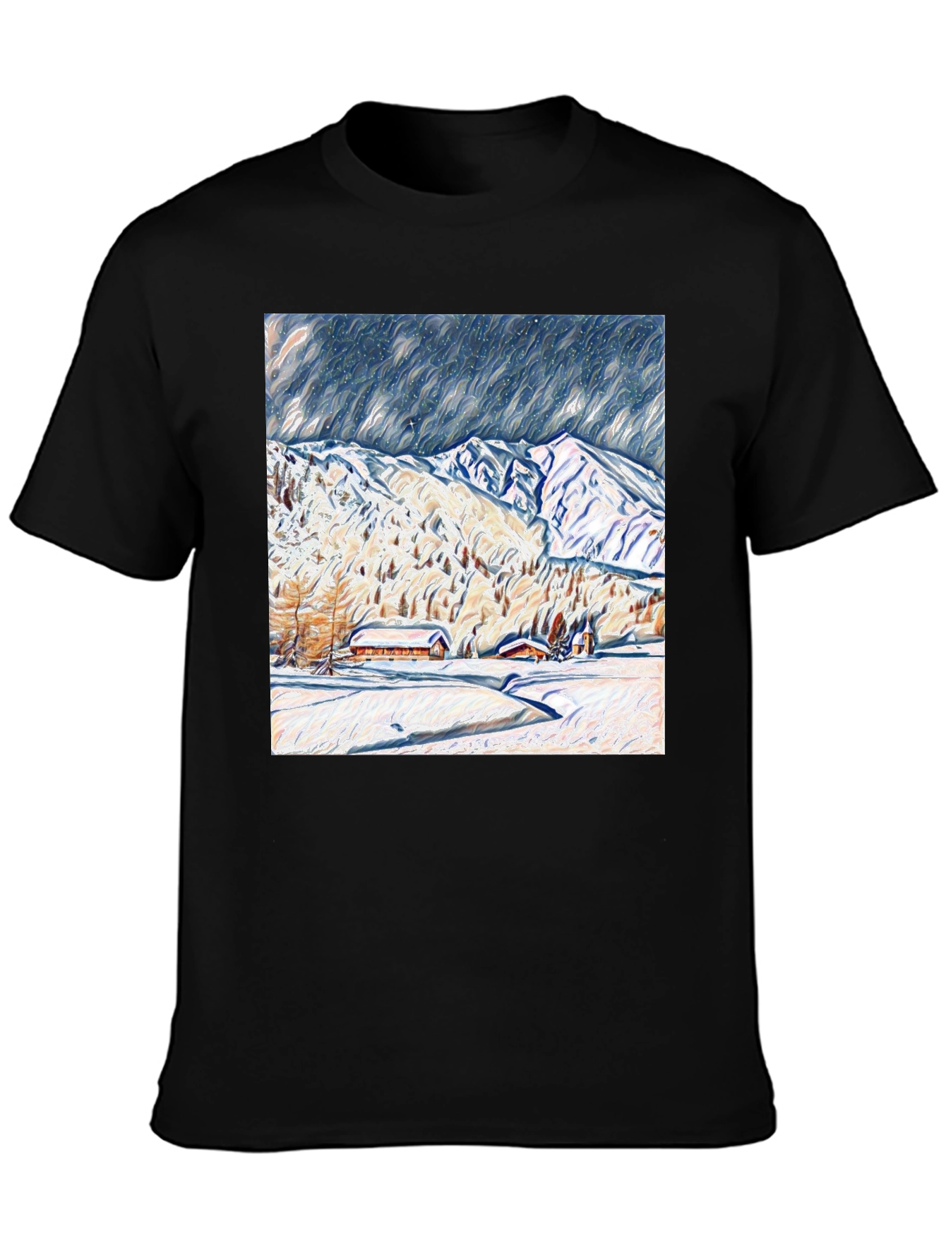 Snowy Mountain Scene Graphic Tee - Black