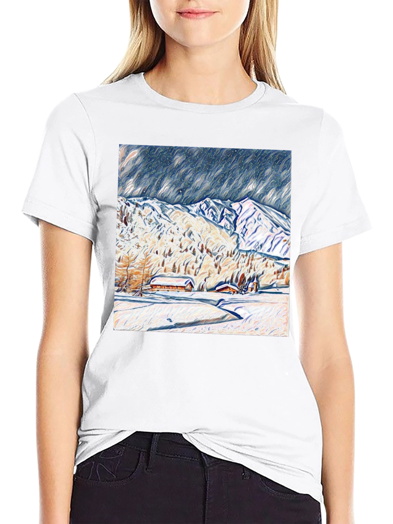 Snowy Mountain Scene Graphic Tee - Black
