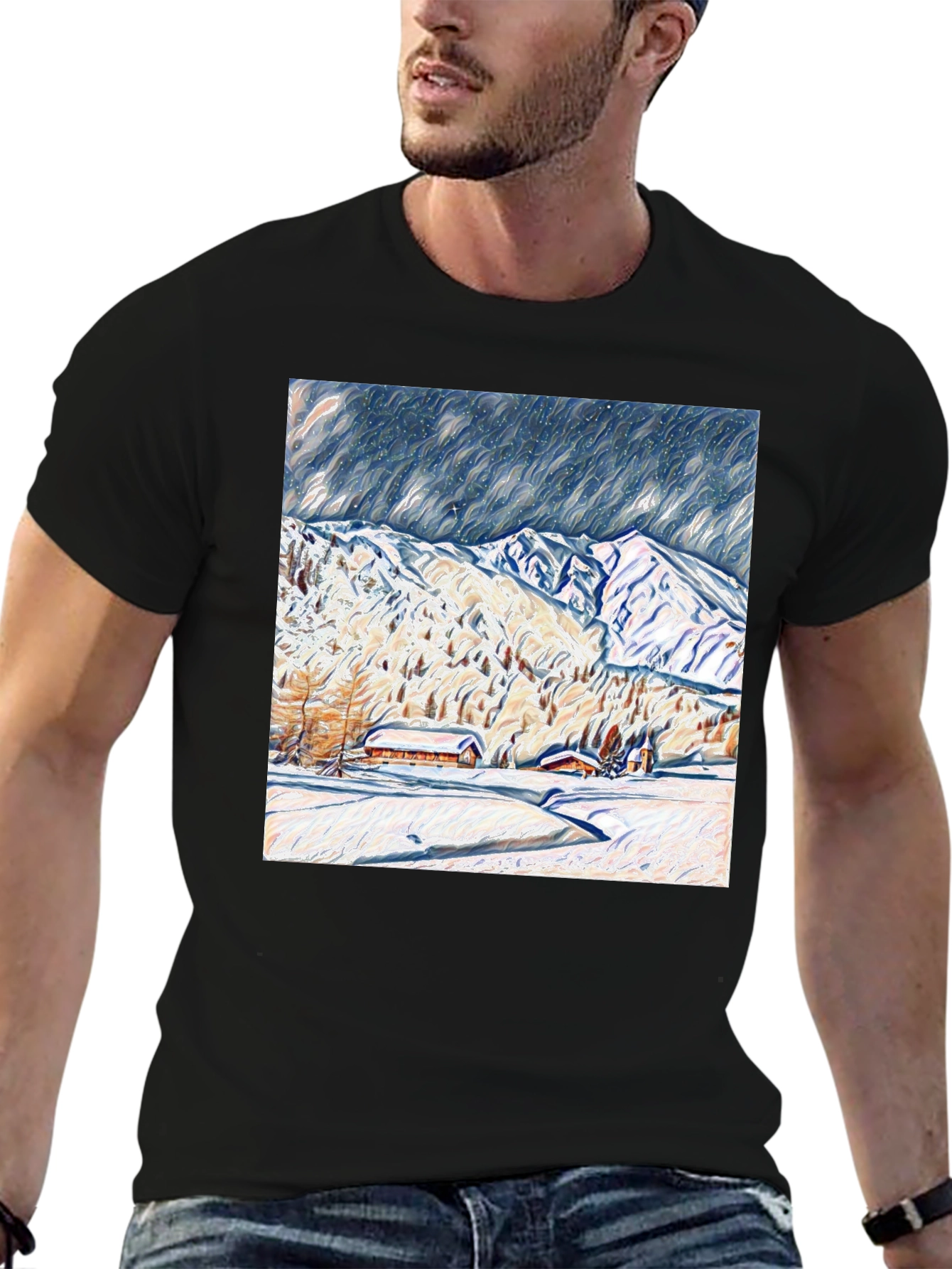 Snowy Mountain Scene Graphic Tee - Black