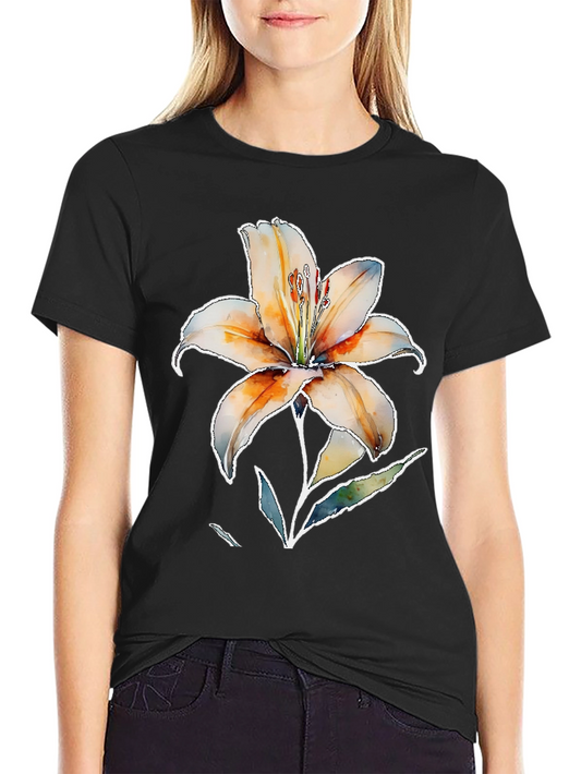 Floral Lily Graphic Tee - Black Cotton Comfort