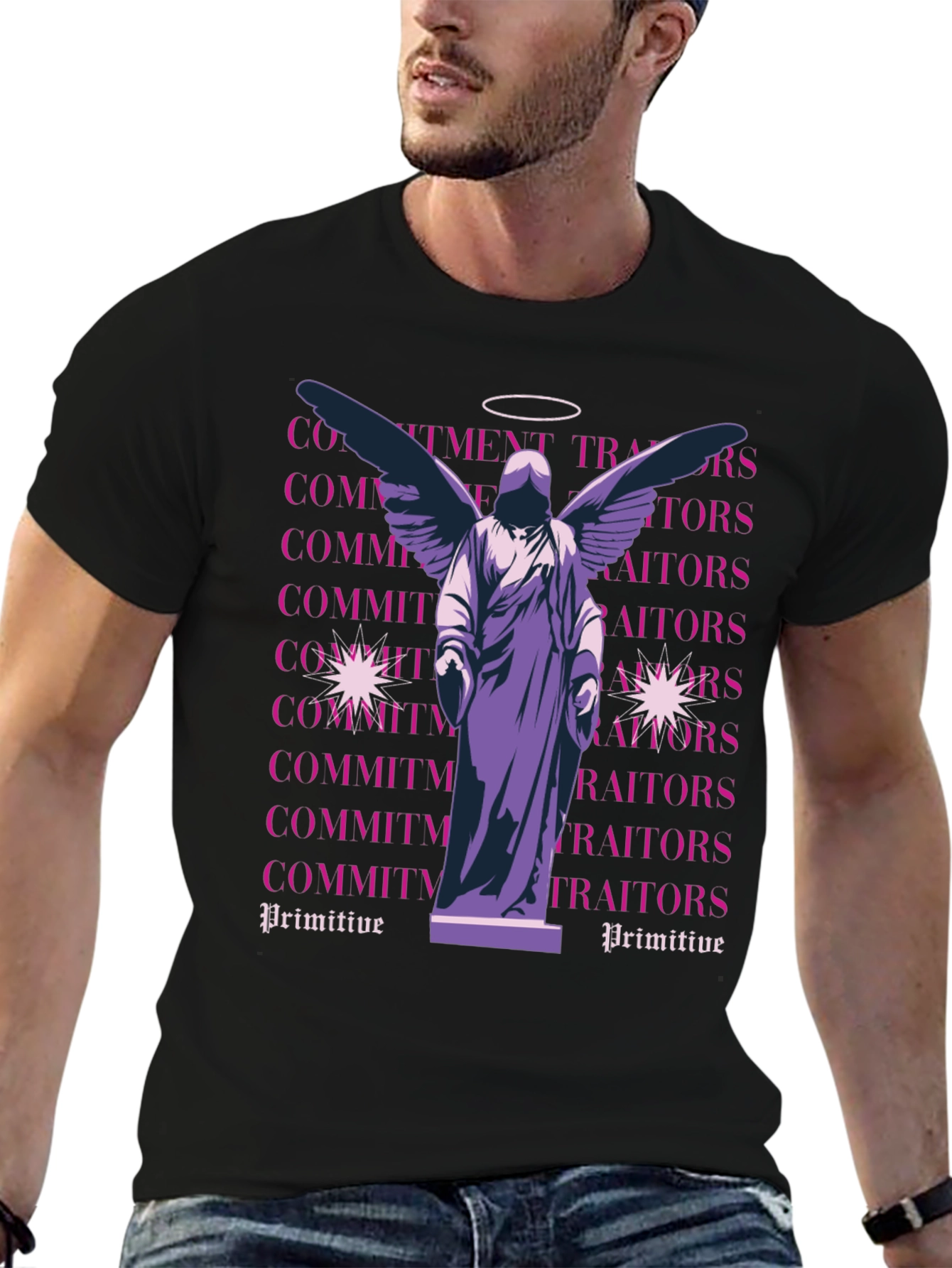 Angel Statue Graphic Tee - Primitive Style Shirt