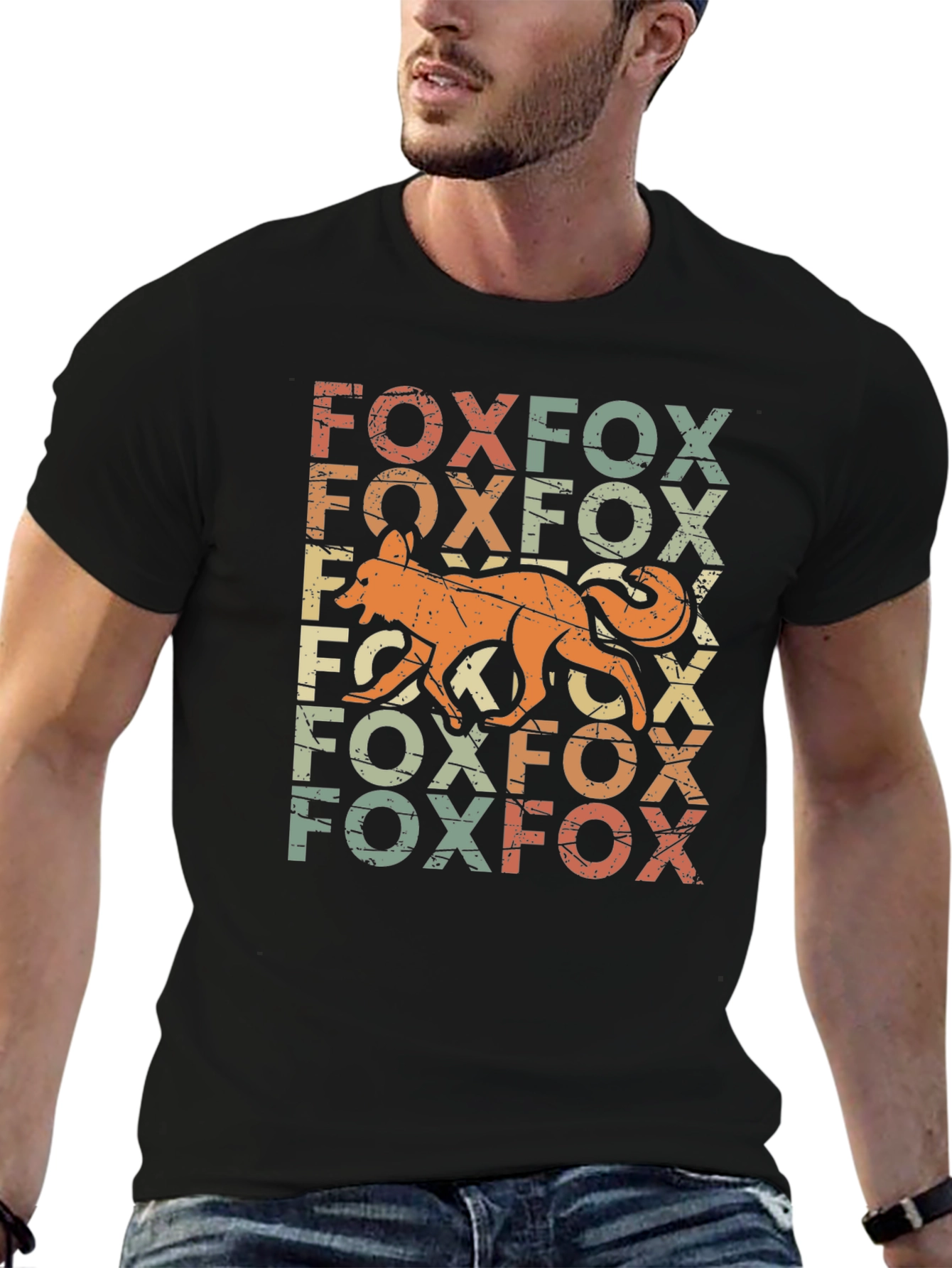Retro Fox Graphic Print Black T-Shirt