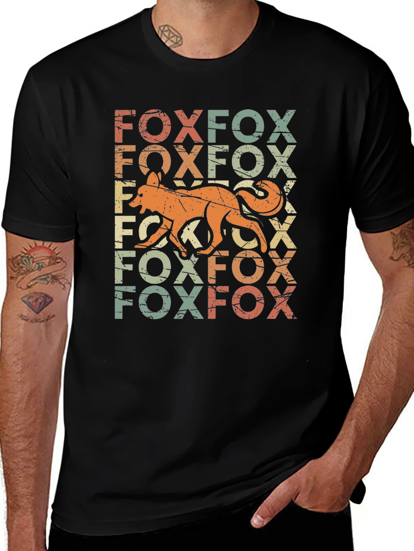 Retro Fox Graphic Print Black T-Shirt