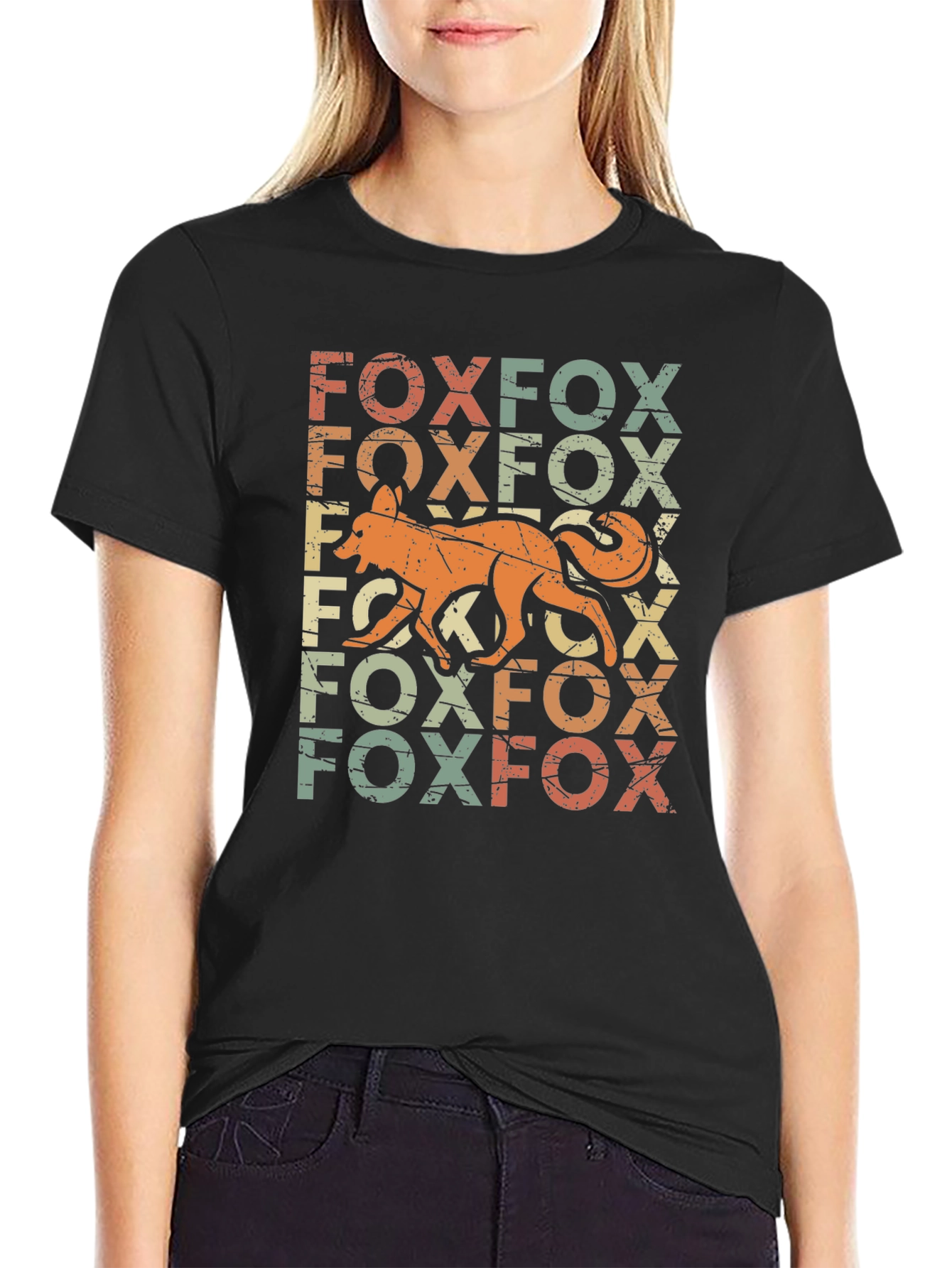 Retro Fox Graphic Print Black T-Shirt
