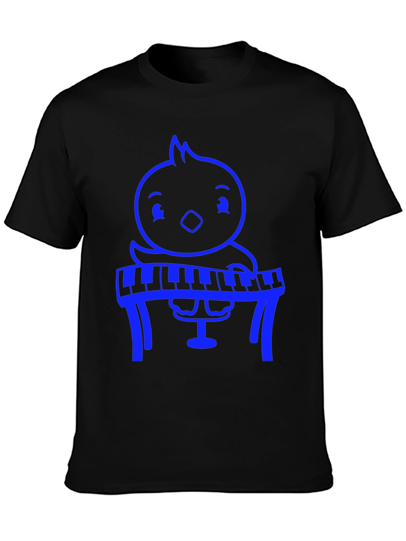 Blue Cartoon Chick Playing Piano Black T-Shirt