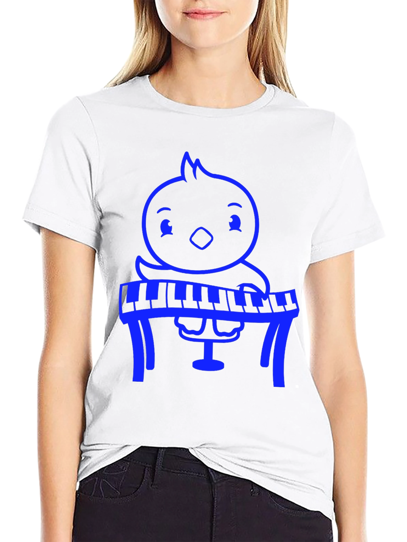Blue Cartoon Chick Playing Piano Black T-Shirt