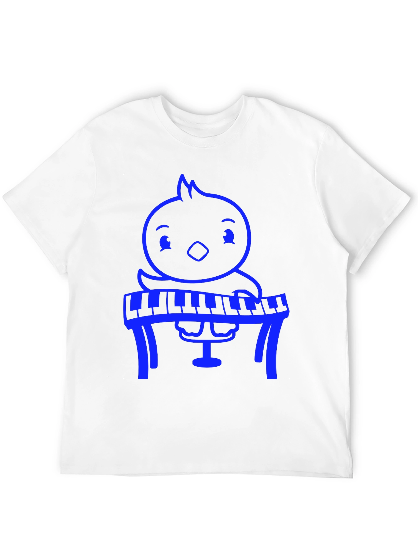Blue Cartoon Chick Playing Piano Black T-Shirt