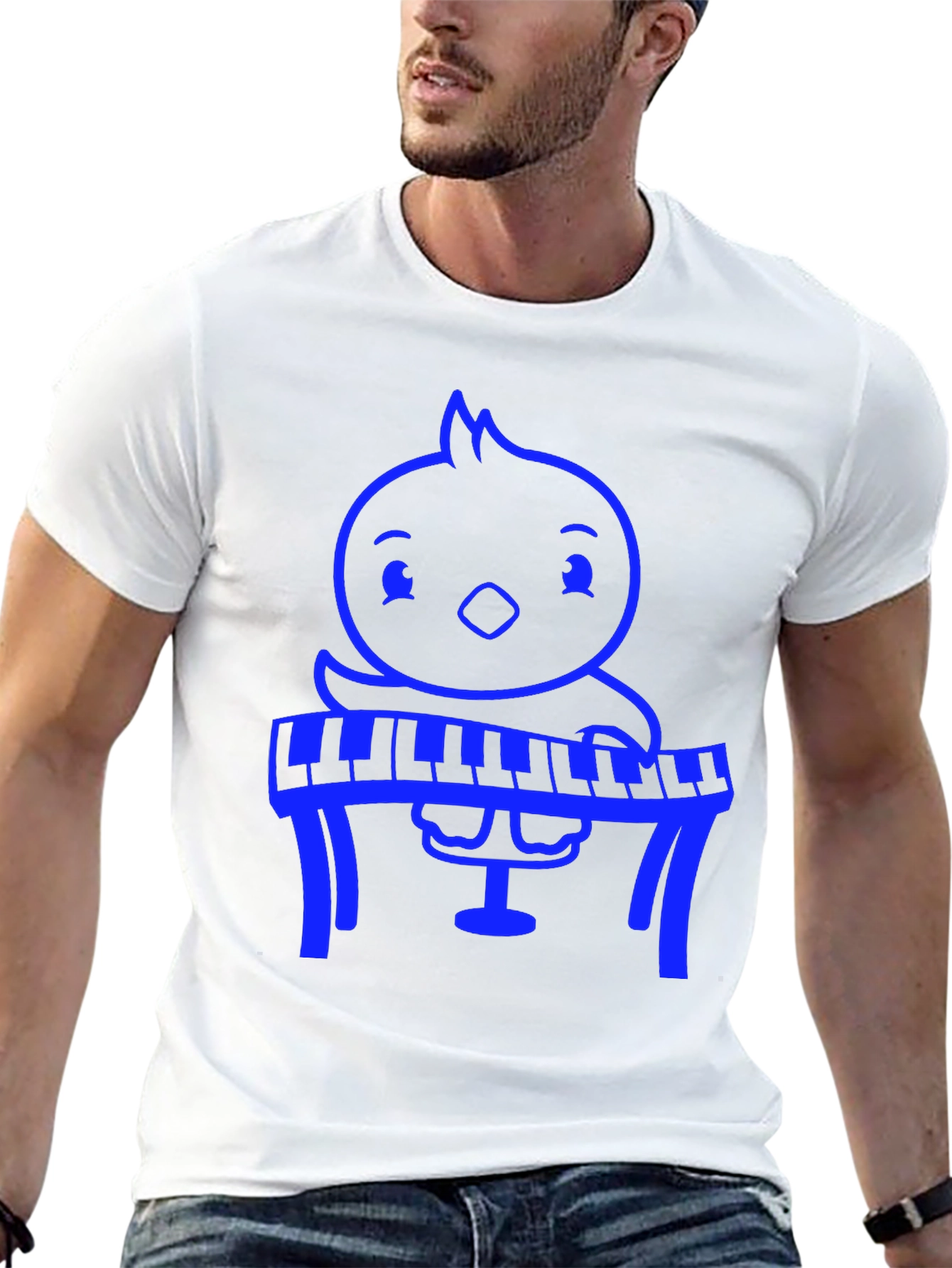 Blue Cartoon Chick Playing Piano Black T-Shirt