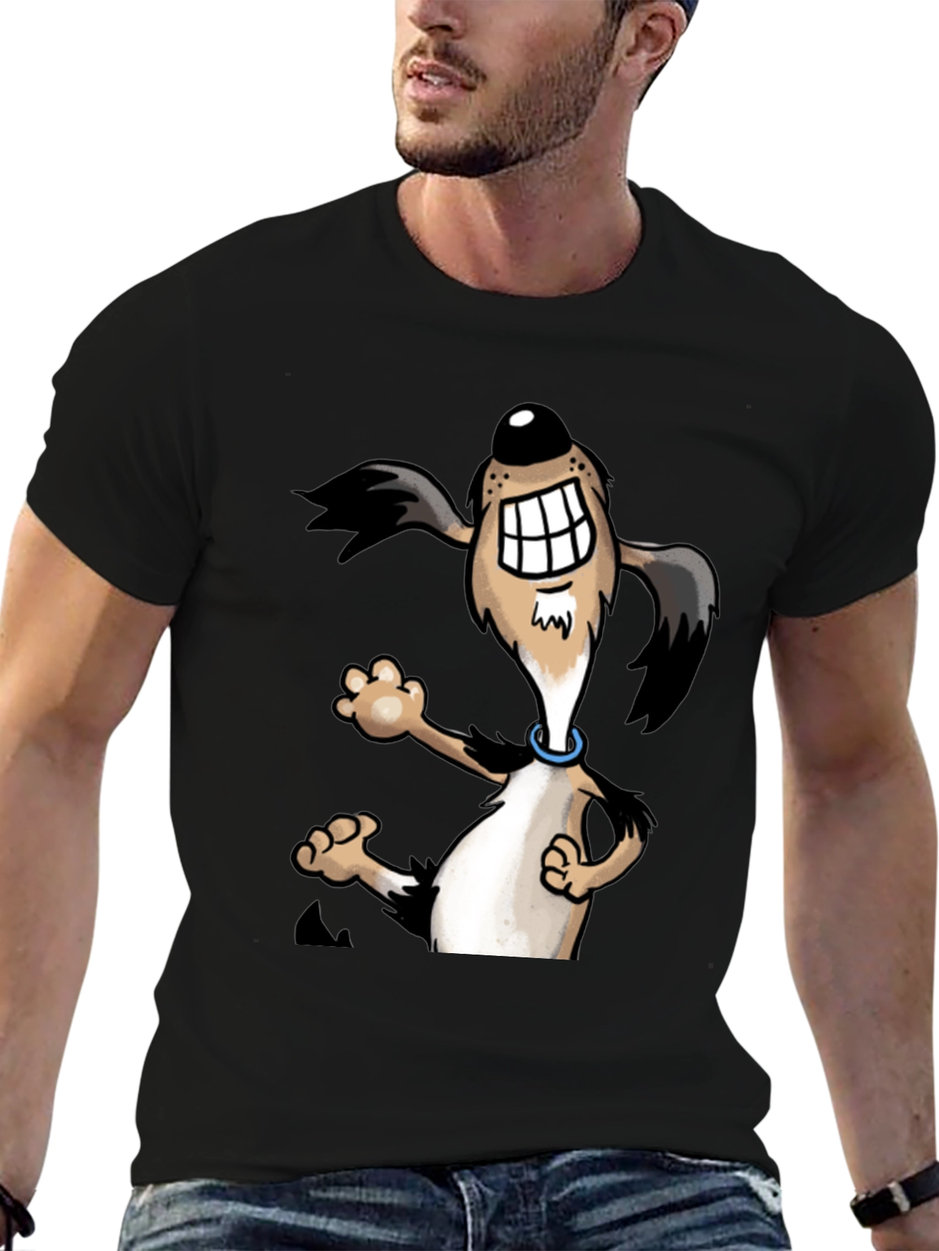Cartoon Dog Graphic Tee - Black Cotton Shirt