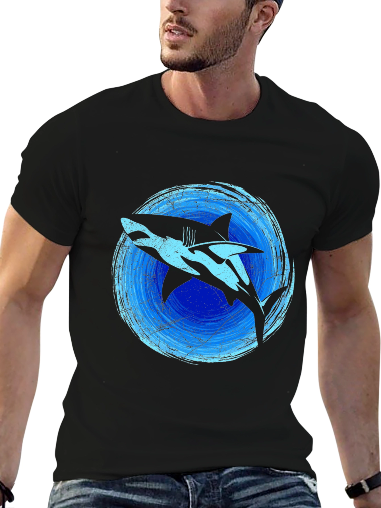 Shark Graphic Print Tee - Black Cotton Blend
