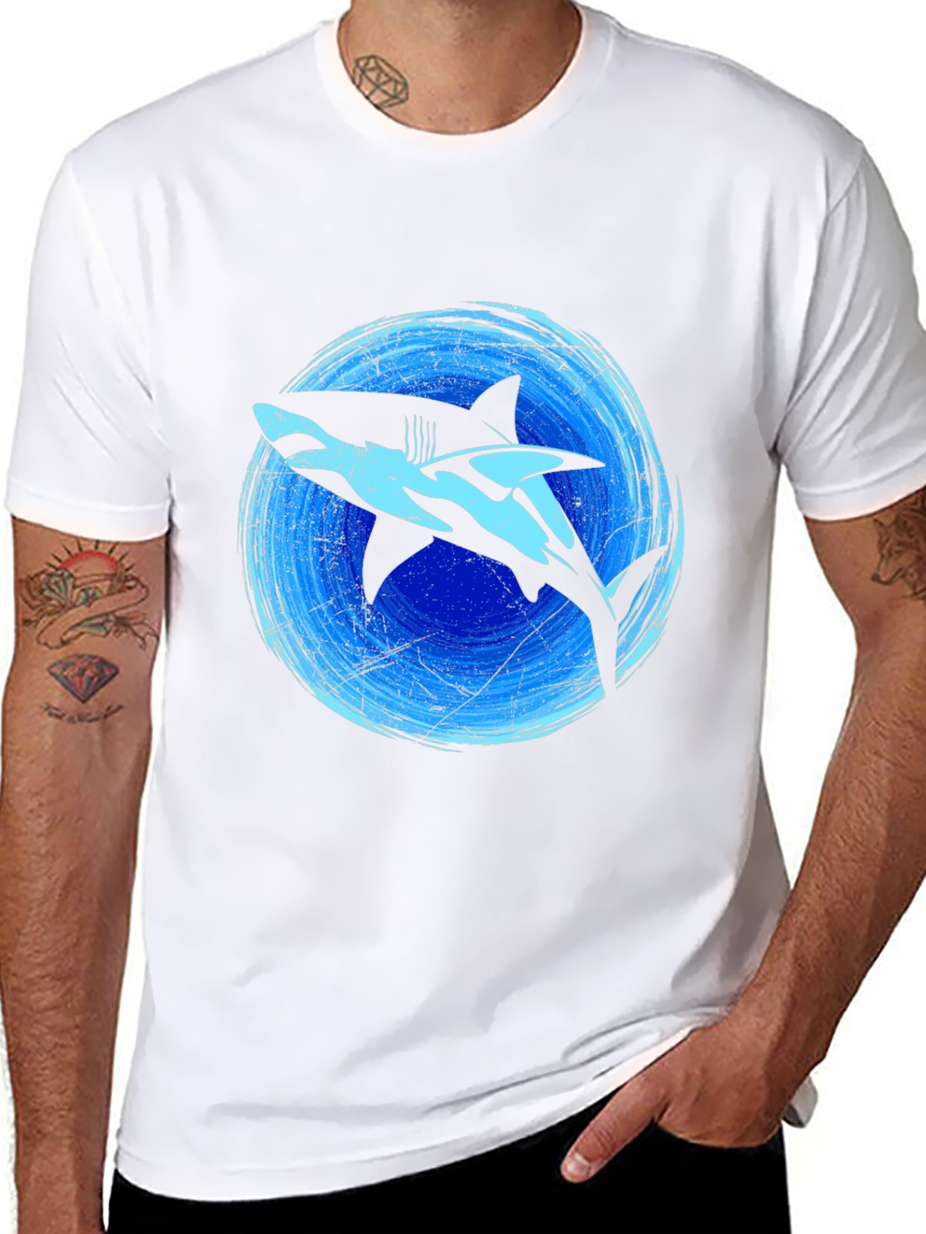 Shark Graphic Print Tee - Black Cotton Blend