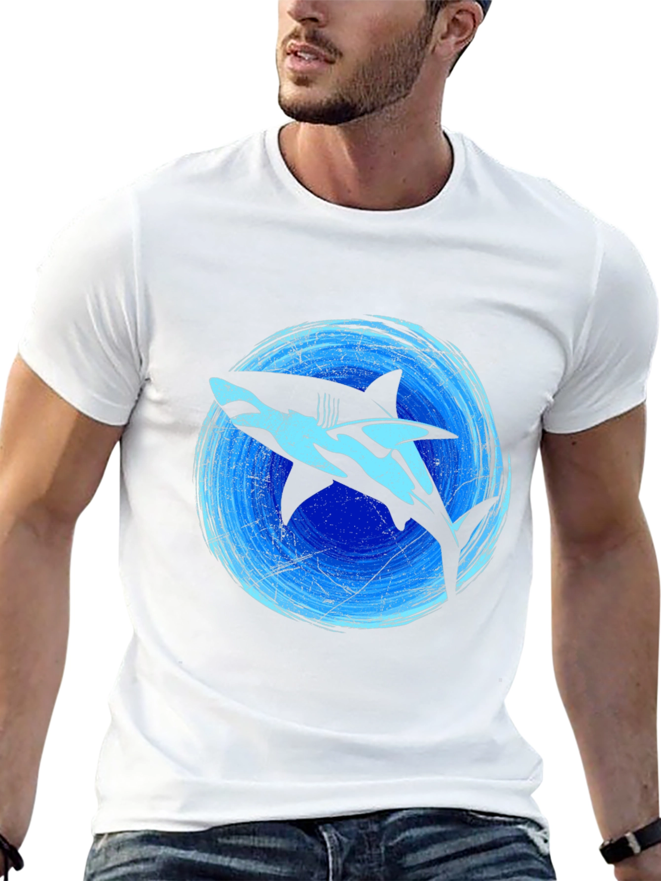 Shark Graphic Print Tee - Black Cotton Blend