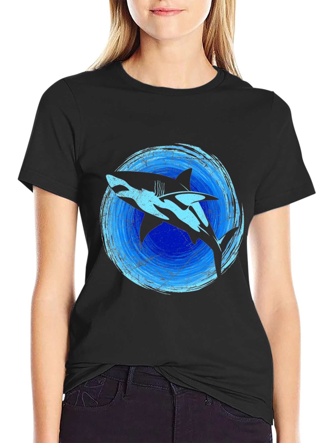 Shark Graphic Print Tee - Black Cotton Blend