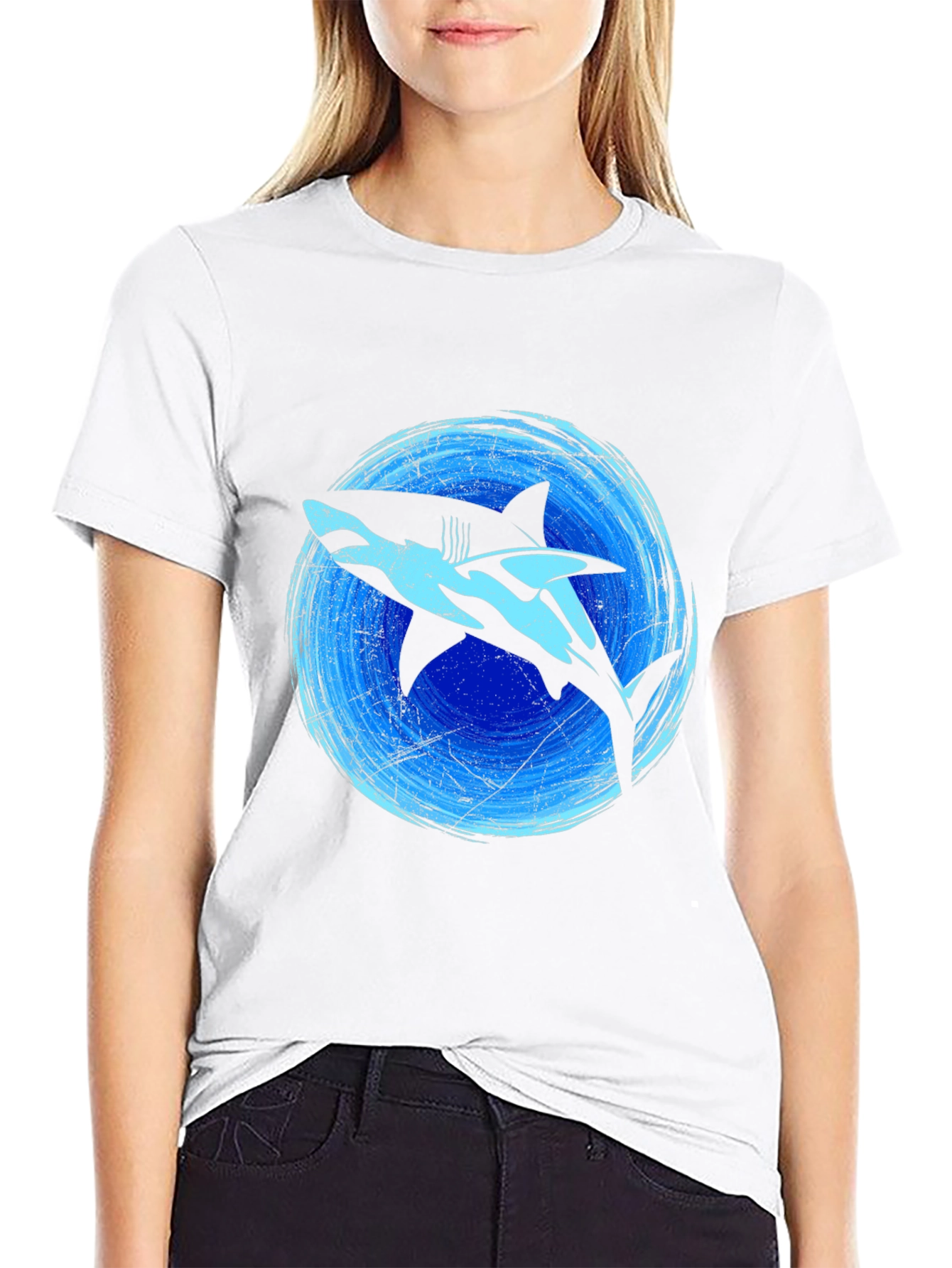 Shark Graphic Print Tee - Black Cotton Blend