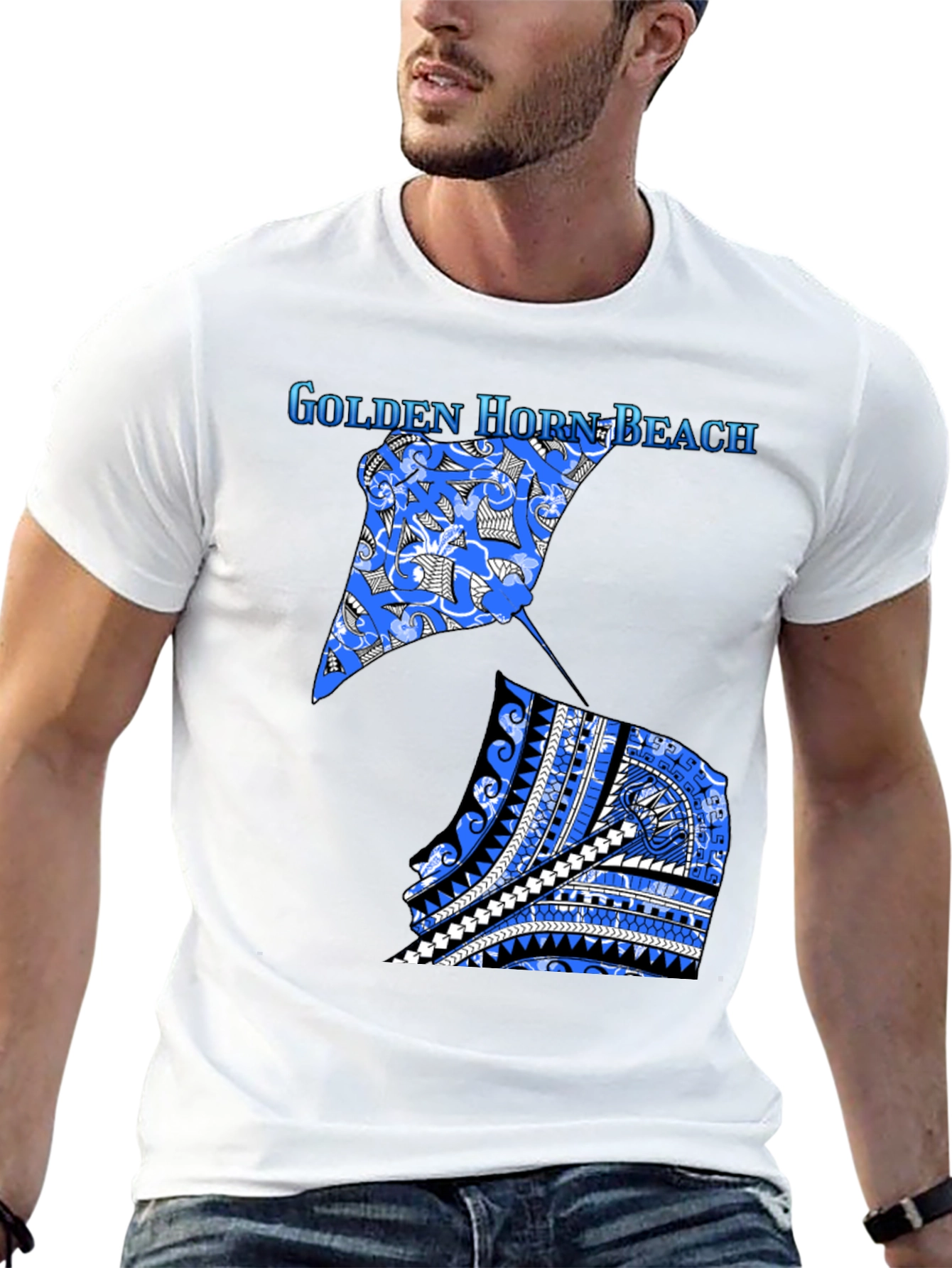 Golden Horn Beach T-Shirt - Tribal Stingray Design
