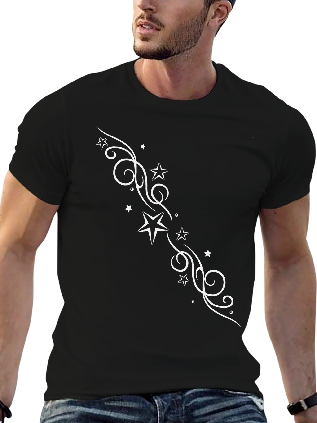 Stylish Black Tee with Star Swirl Design