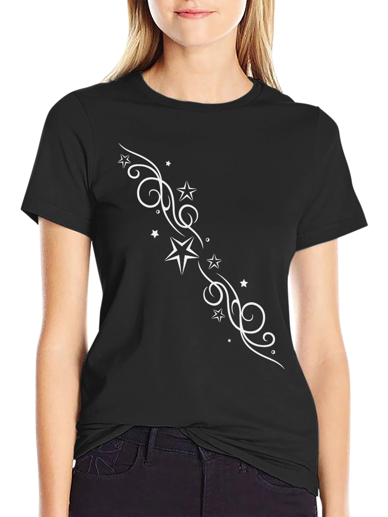 Stylish Black Tee with Star Swirl Design