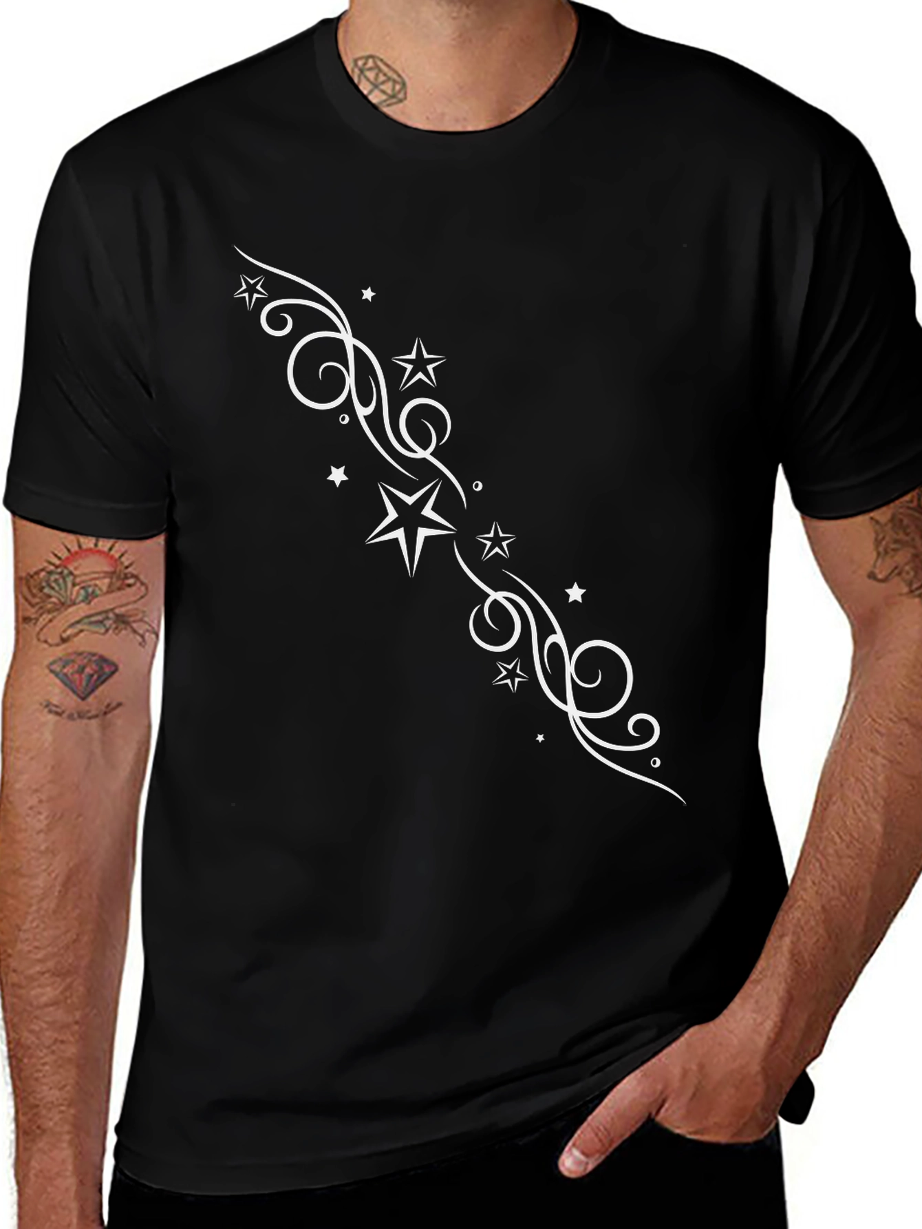 Stylish Black Tee with Star Swirl Design