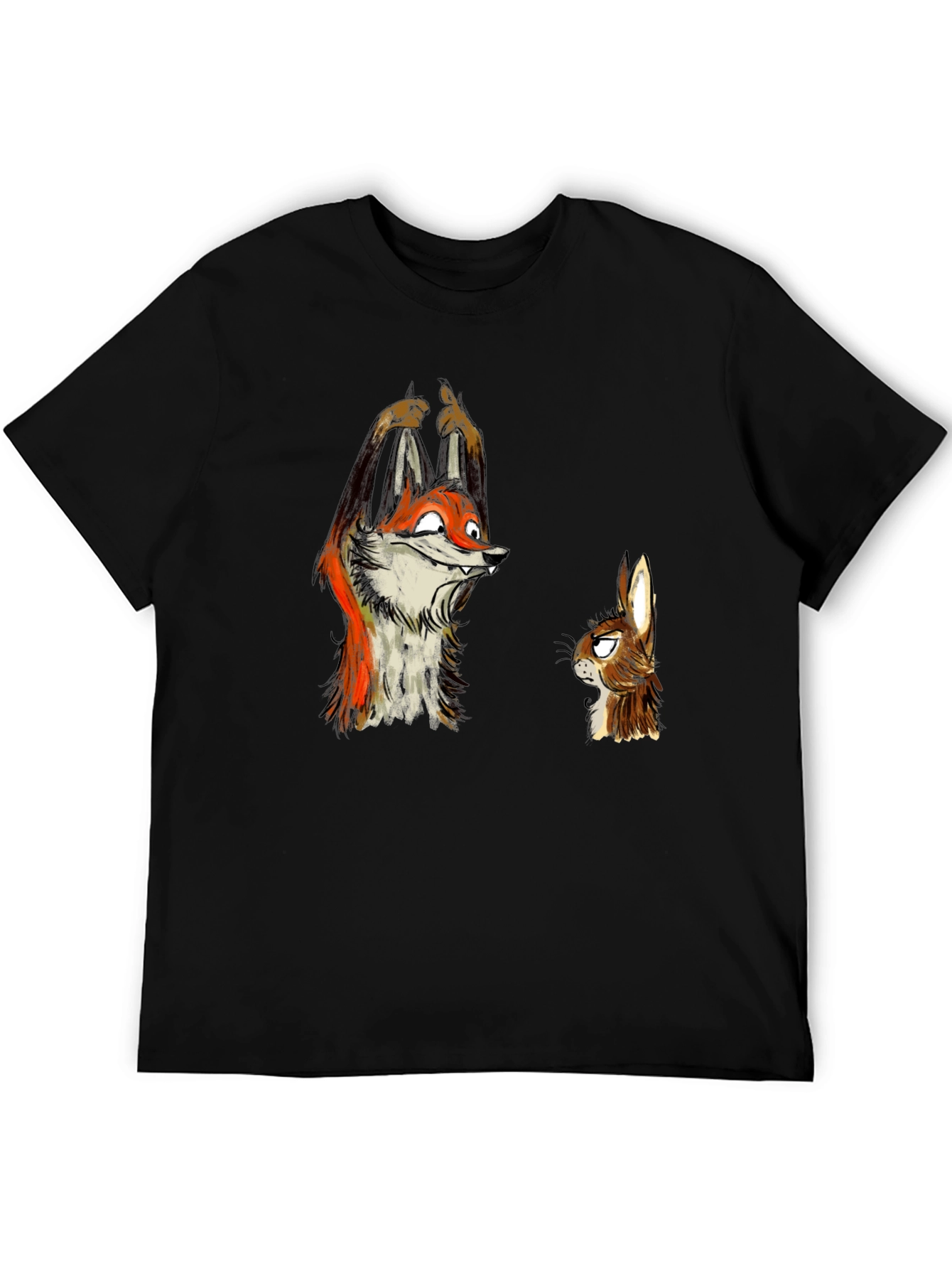 Funny Fox and Rabbit Graphic Tee - Black