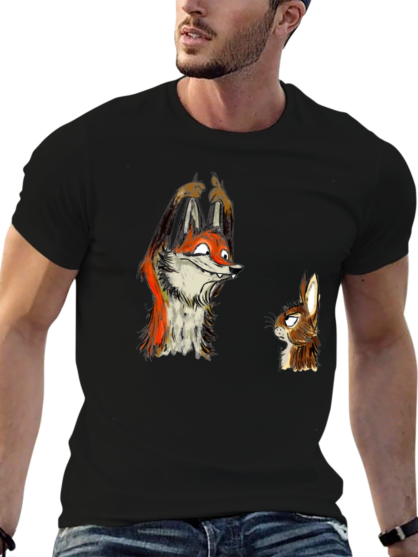 Funny Fox and Rabbit Graphic Tee - Black