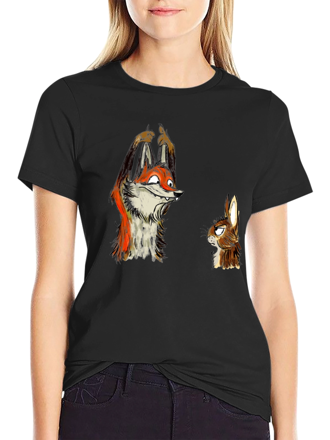 Funny Fox and Rabbit Graphic Tee - Black