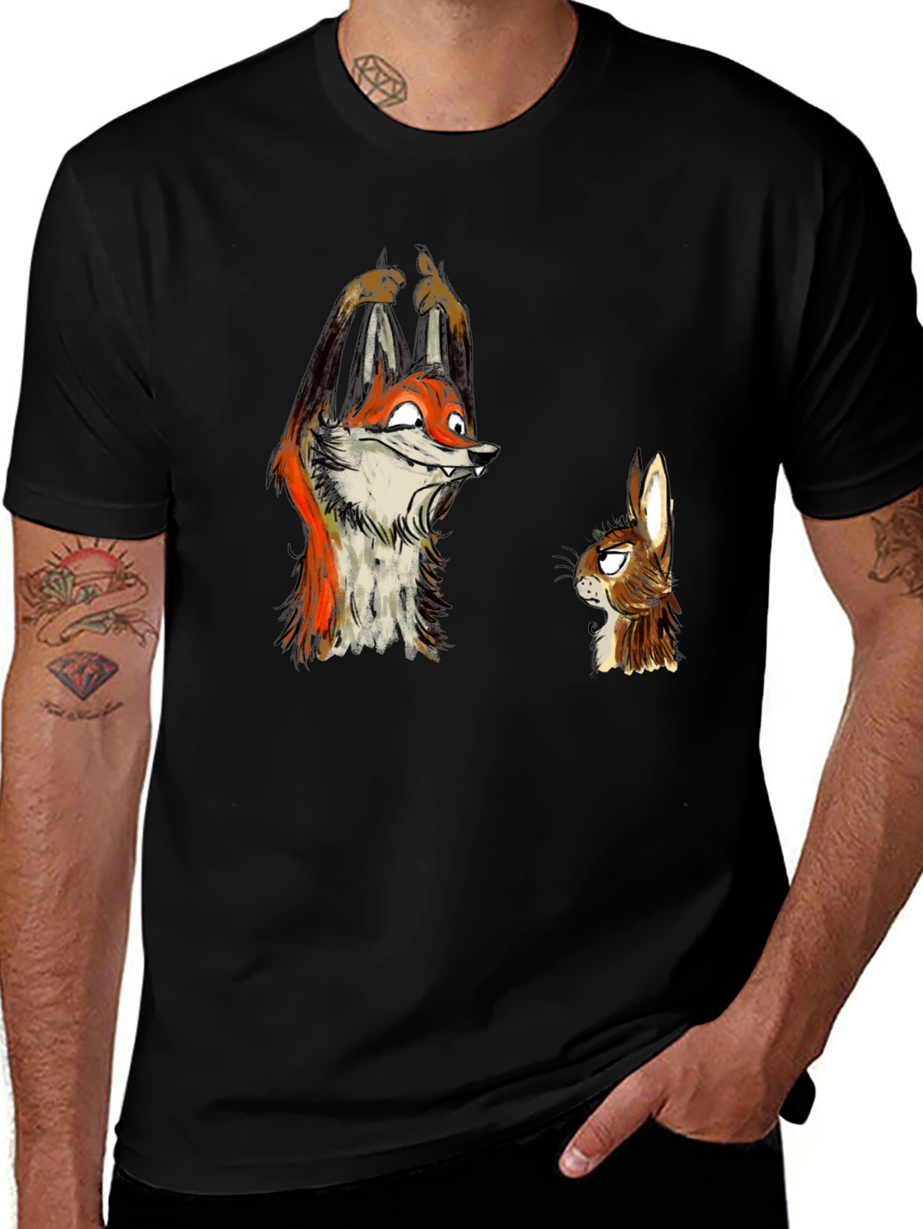 Funny Fox and Rabbit Graphic Tee - Black