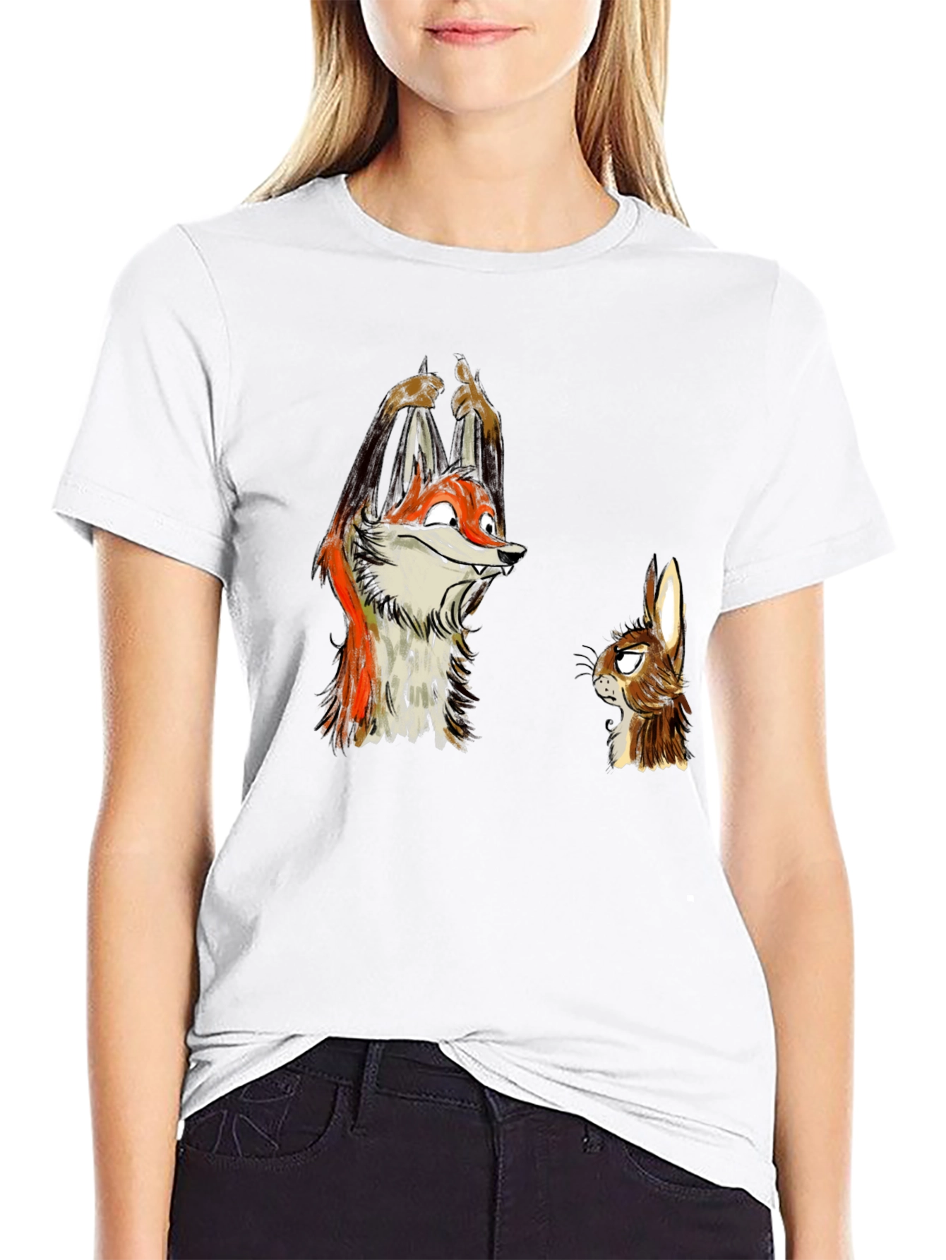 Funny Fox and Rabbit Graphic Tee - Black