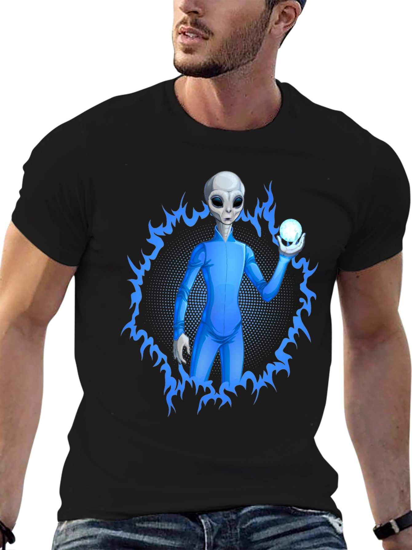 Alien Holding Orb Graphic Tee - Sci-Fi T-Shirt