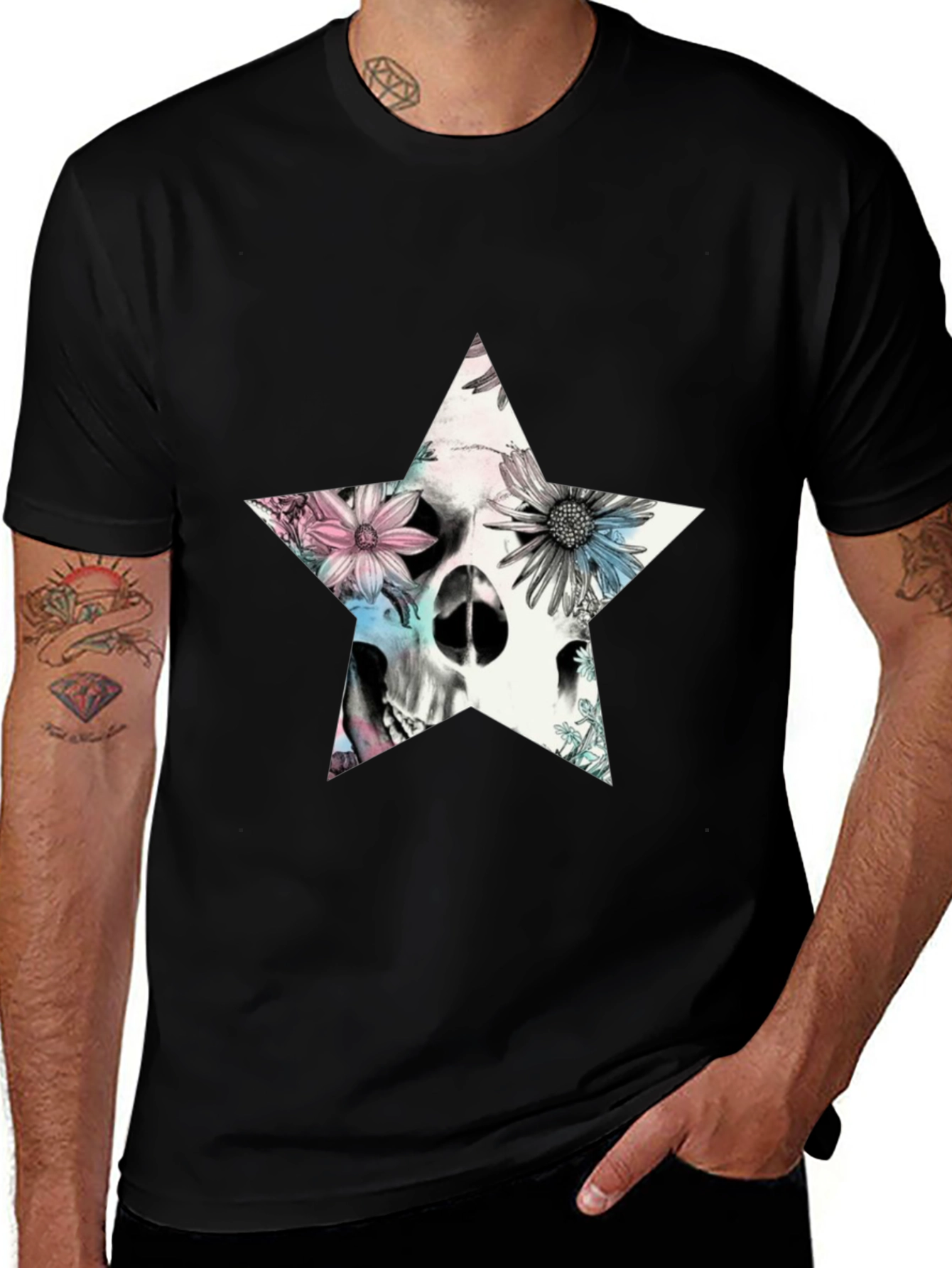 Floral Skull Star Graphic T-Shirt - Black