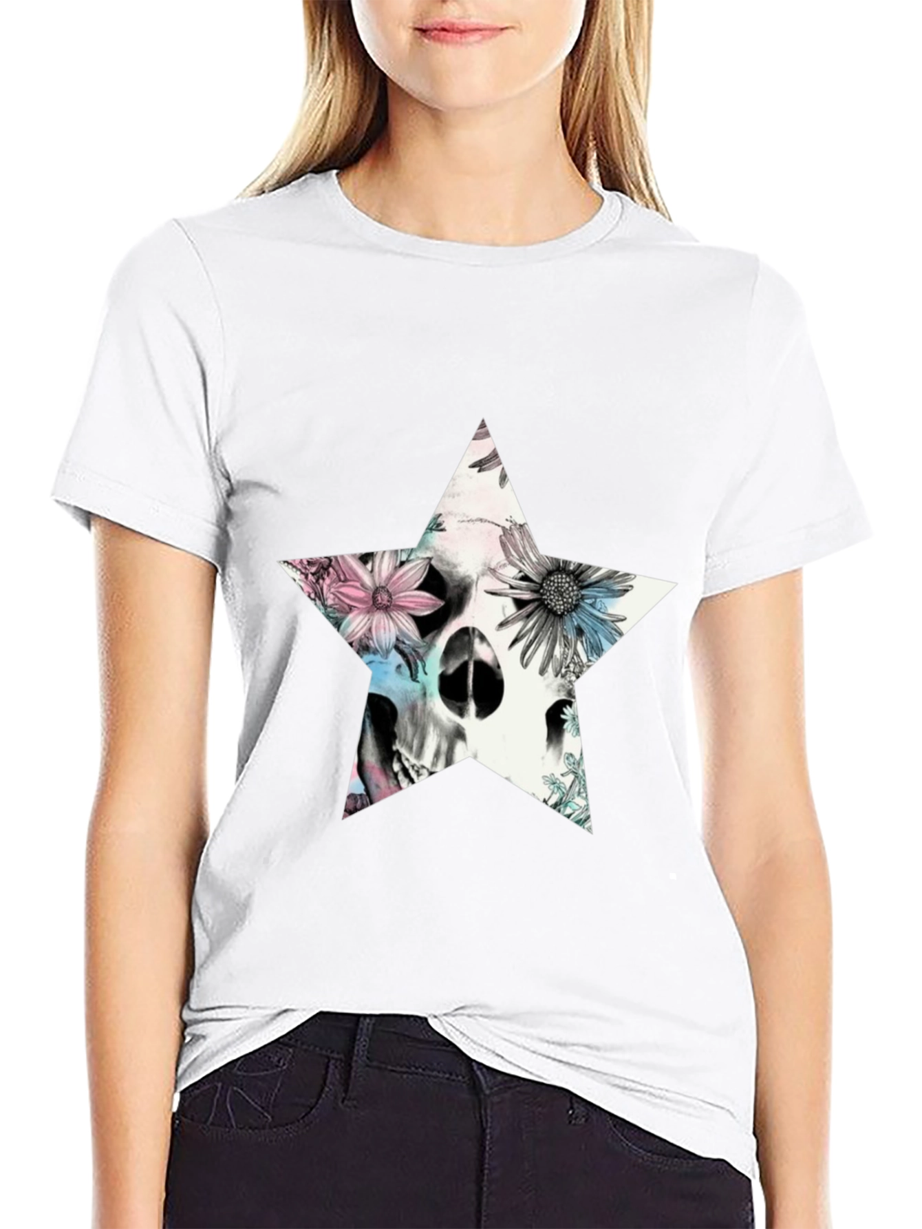 Floral Skull Star Graphic T-Shirt - Black