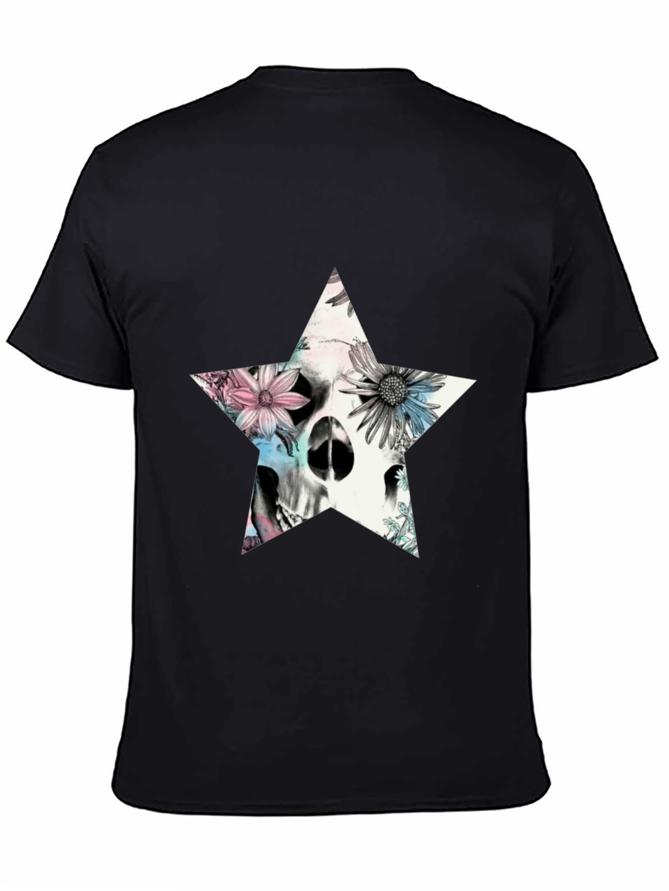 Floral Skull Star Graphic T-Shirt - Black