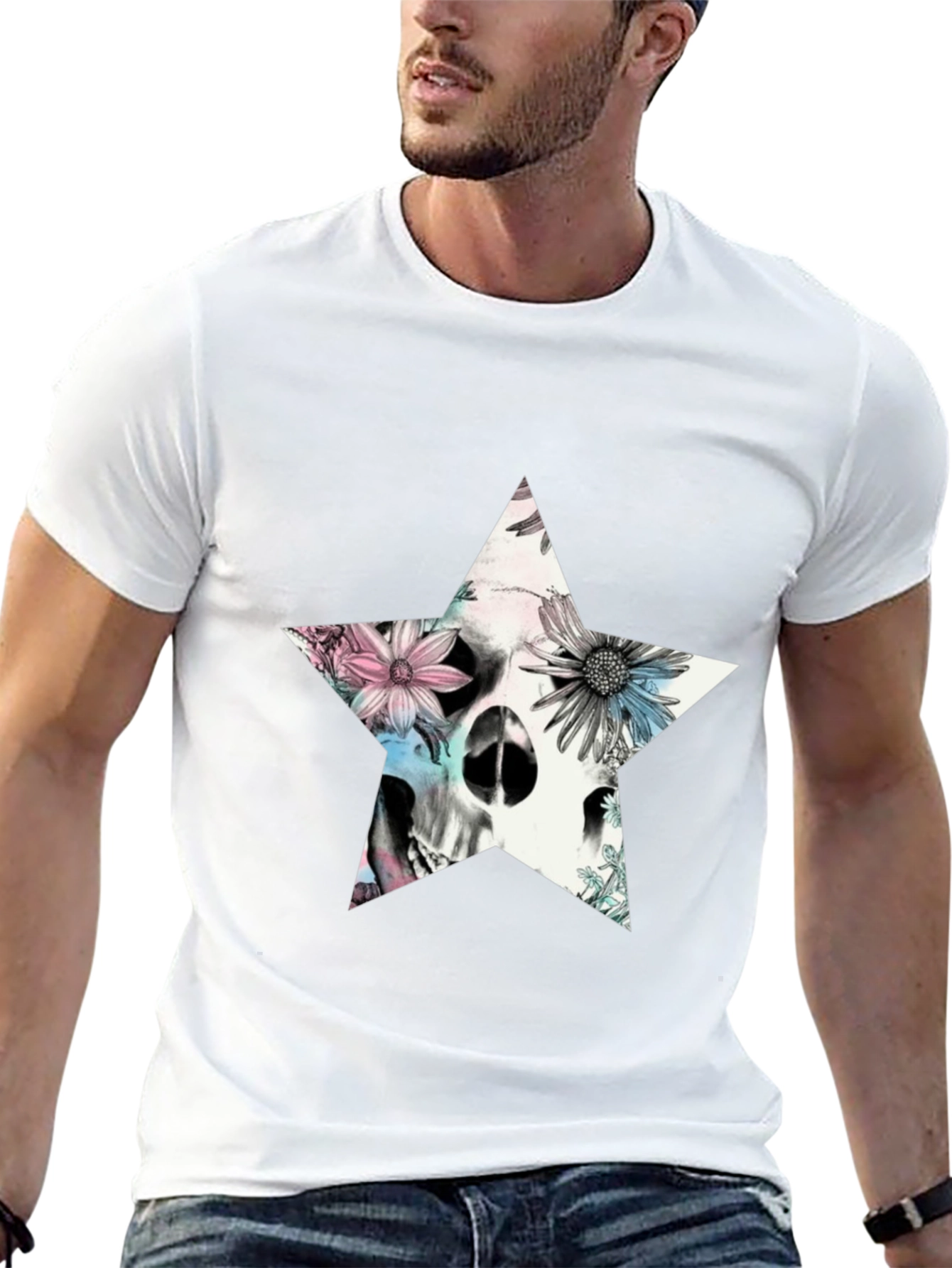 Floral Skull Star Graphic T-Shirt - Black
