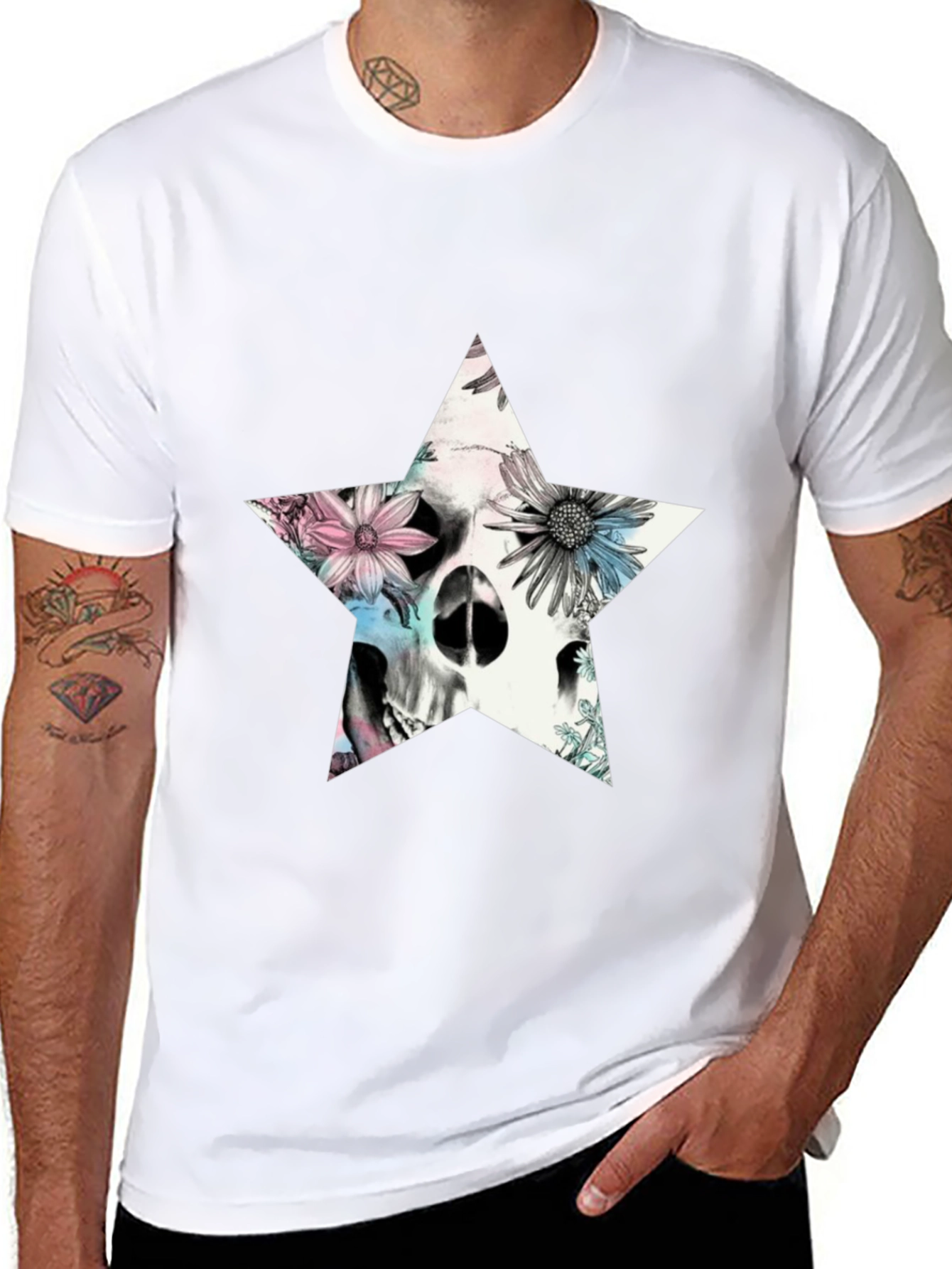 Floral Skull Star Graphic T-Shirt - Black