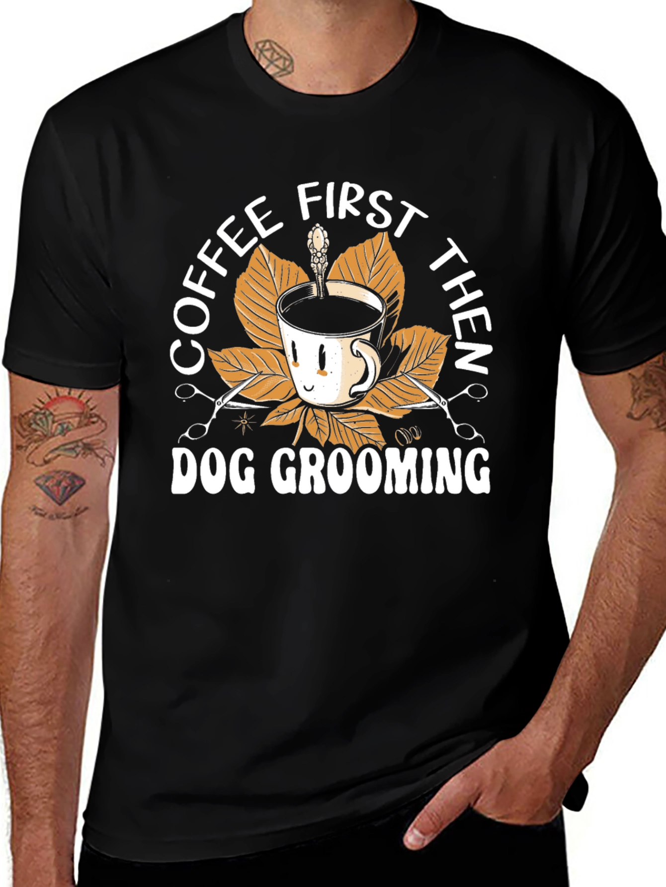 Coffee First Then Dog Grooming Black T-Shirt