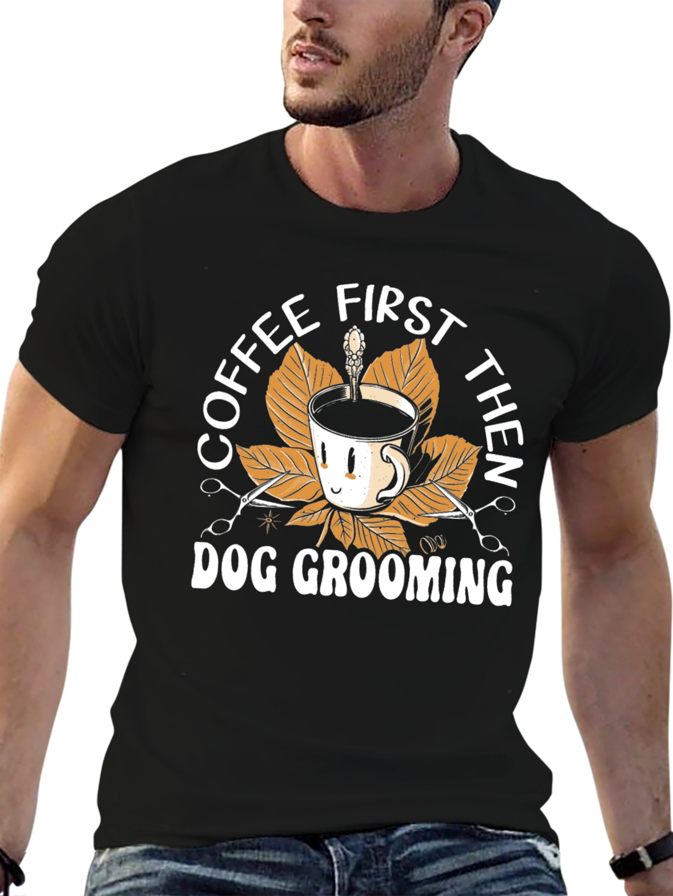 Coffee First Then Dog Grooming Black T-Shirt