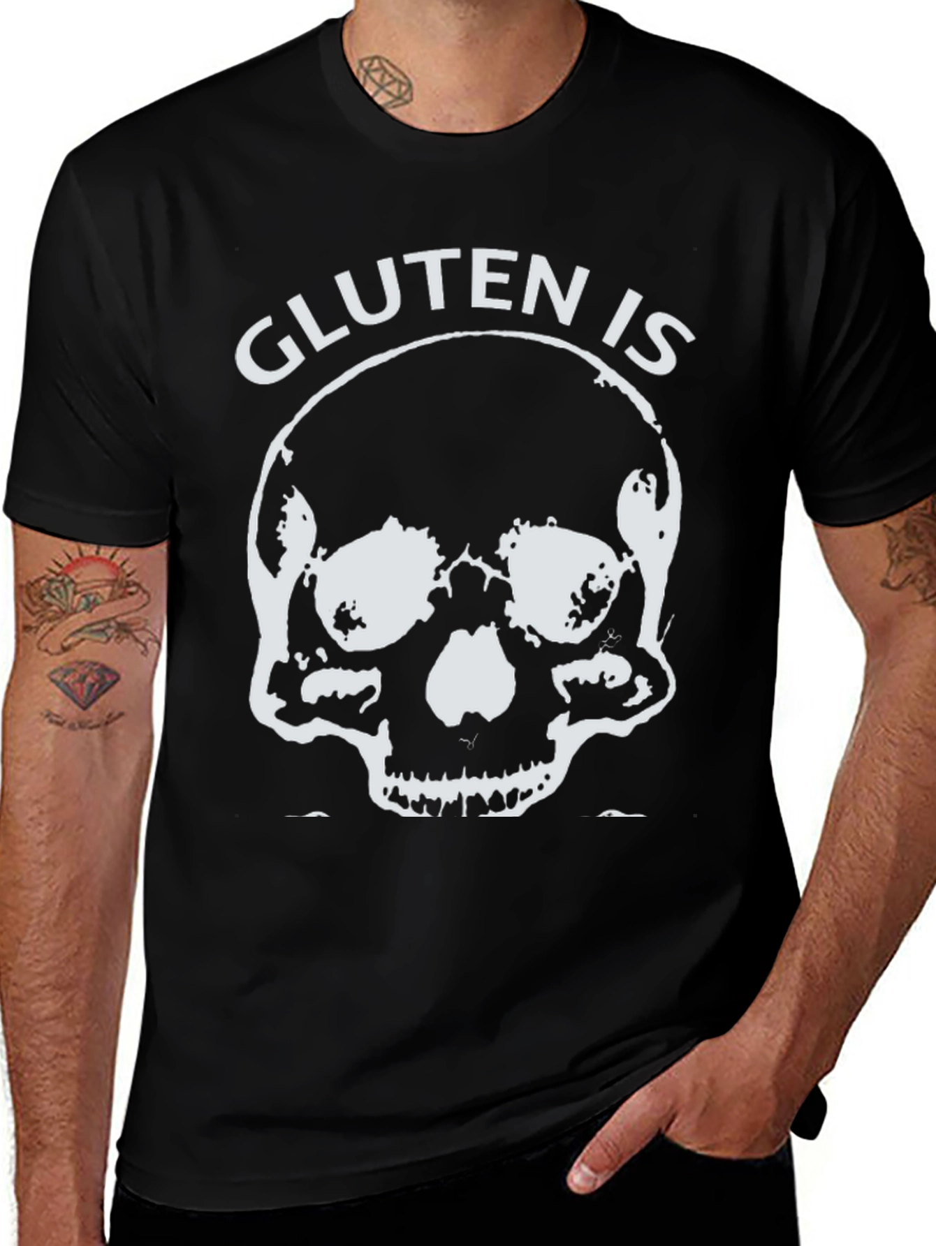 Gluten is Death Black T-Shirt - Skull Design