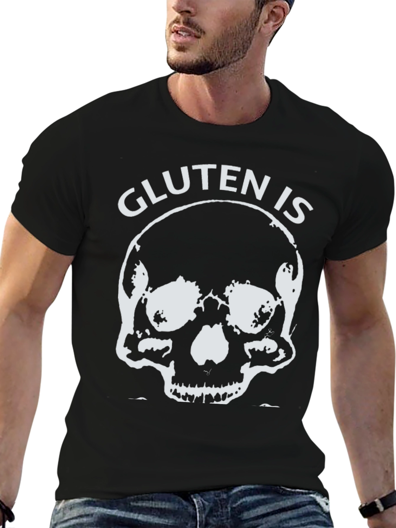 Gluten is Death Black T-Shirt - Skull Design