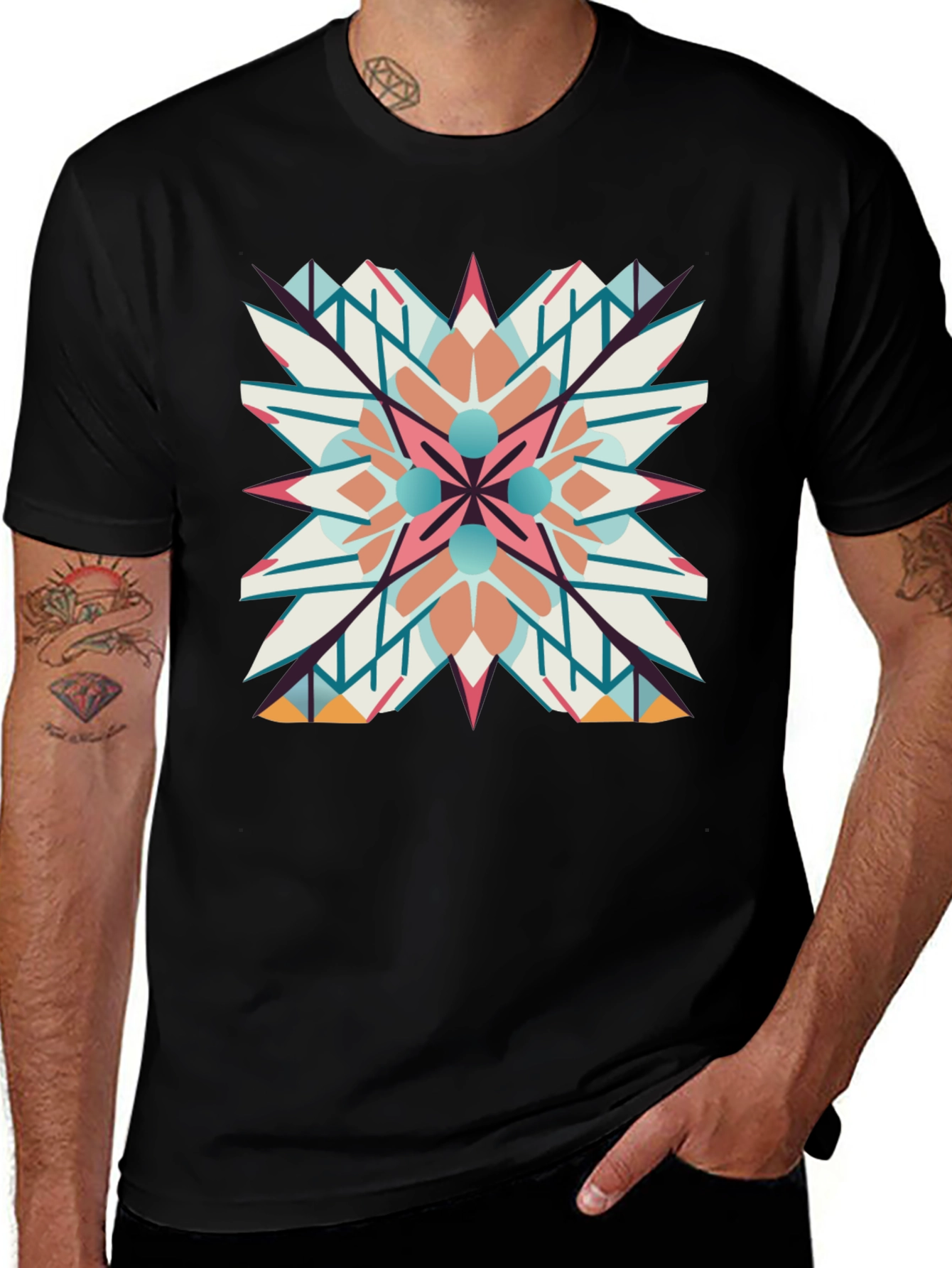 Geometric Mandala Graphic Print Black T-Shirt