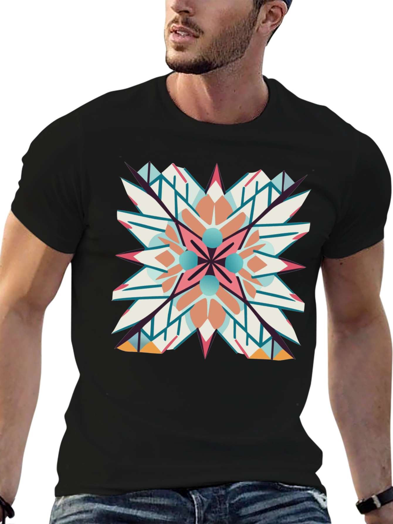 Geometric Mandala Graphic Print Black T-Shirt