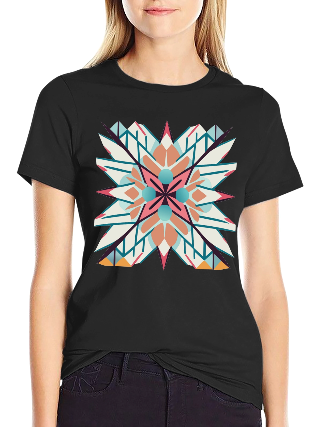 Geometric Mandala Graphic Print Black T-Shirt