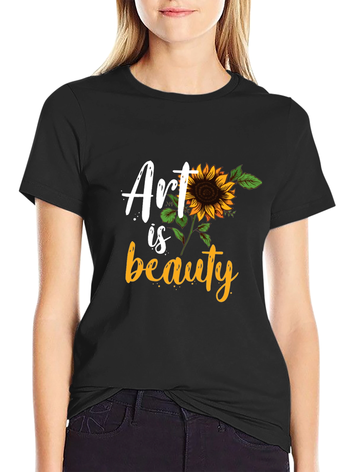 Art Is Beauty Sunflower Graphic Black T-Shirt