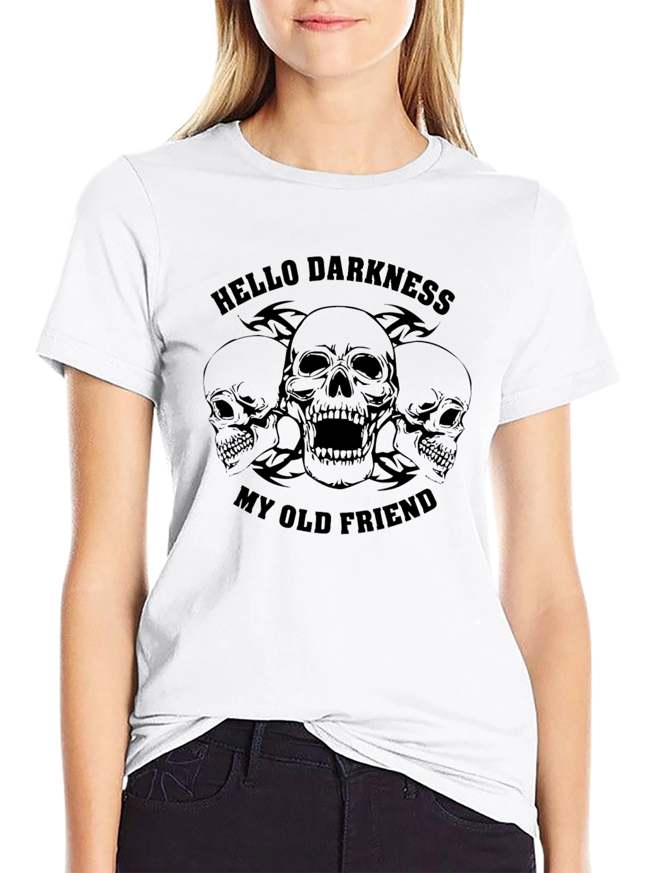 Skull Graphic Tee - Hello Darkness My Old Friend
