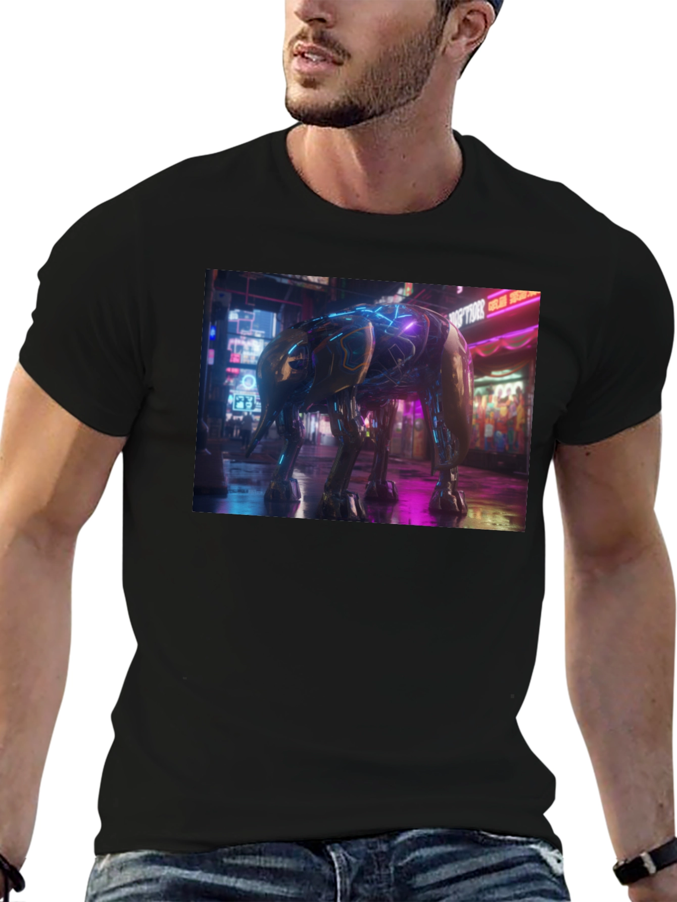 Cyberpunk Elephant Graphic Tee - Black