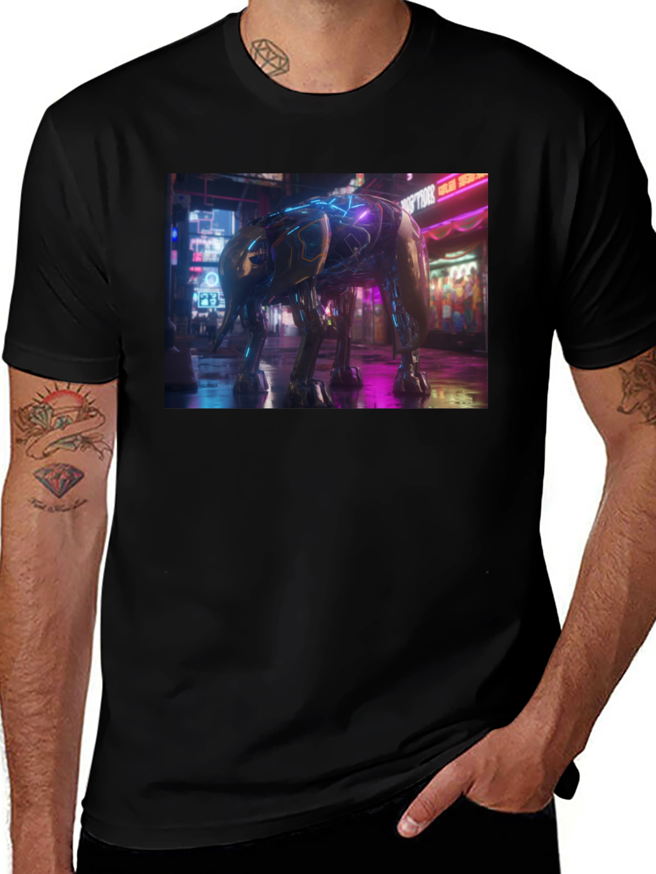 Cyberpunk Elephant Graphic Tee - Black