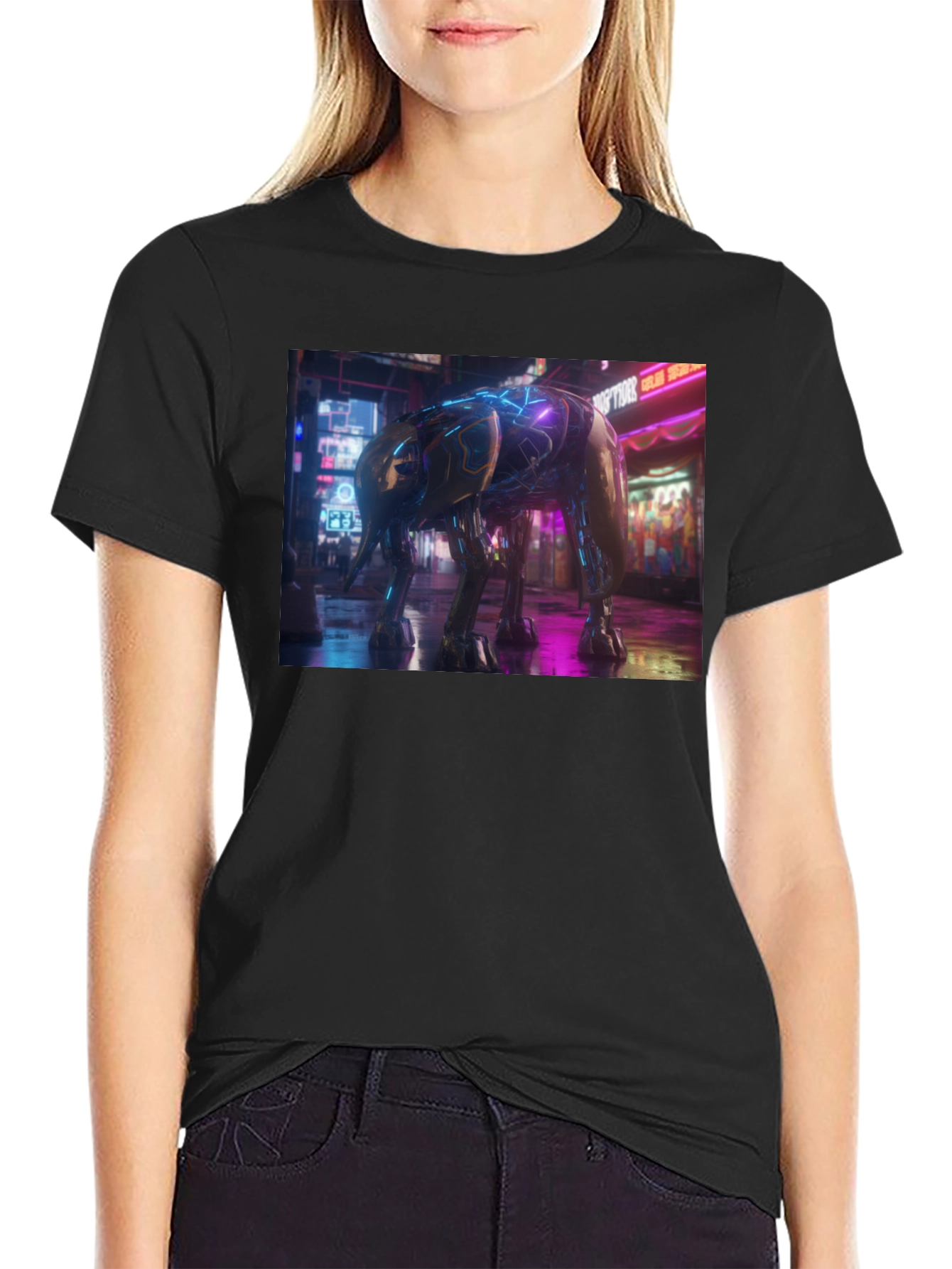 Cyberpunk Elephant Graphic Tee - Black