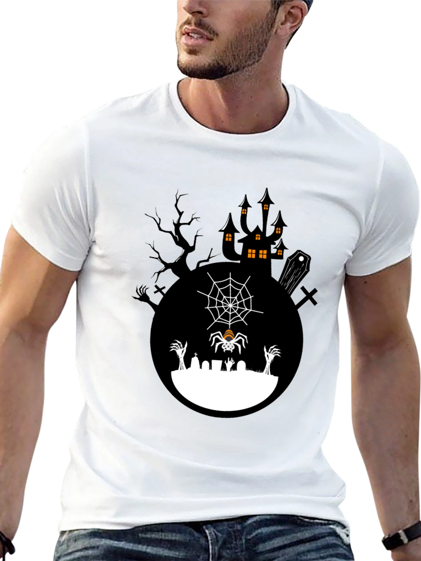 Spooky Halloween T-Shirt - Graveyard Spider Design