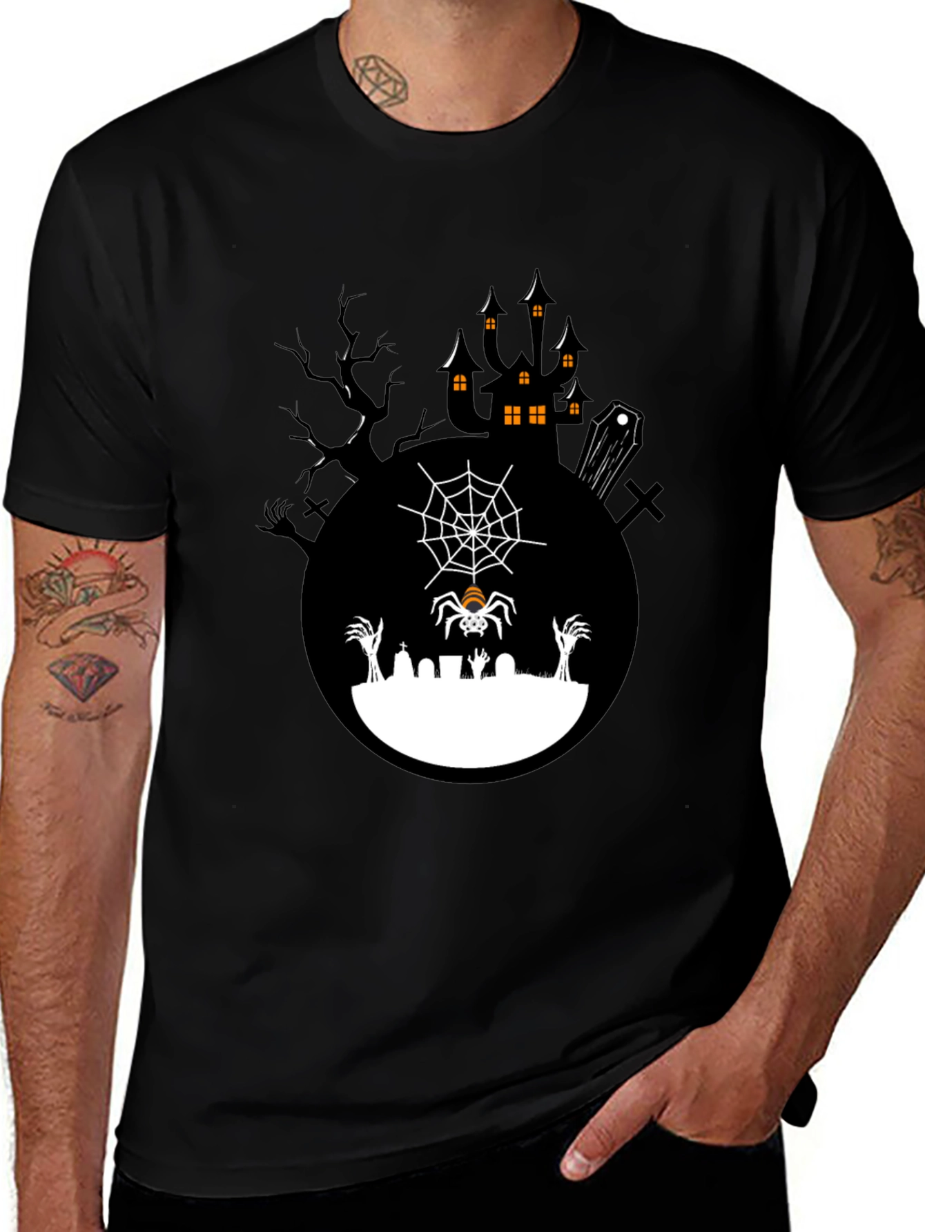 Spooky Halloween T-Shirt - Graveyard Spider Design