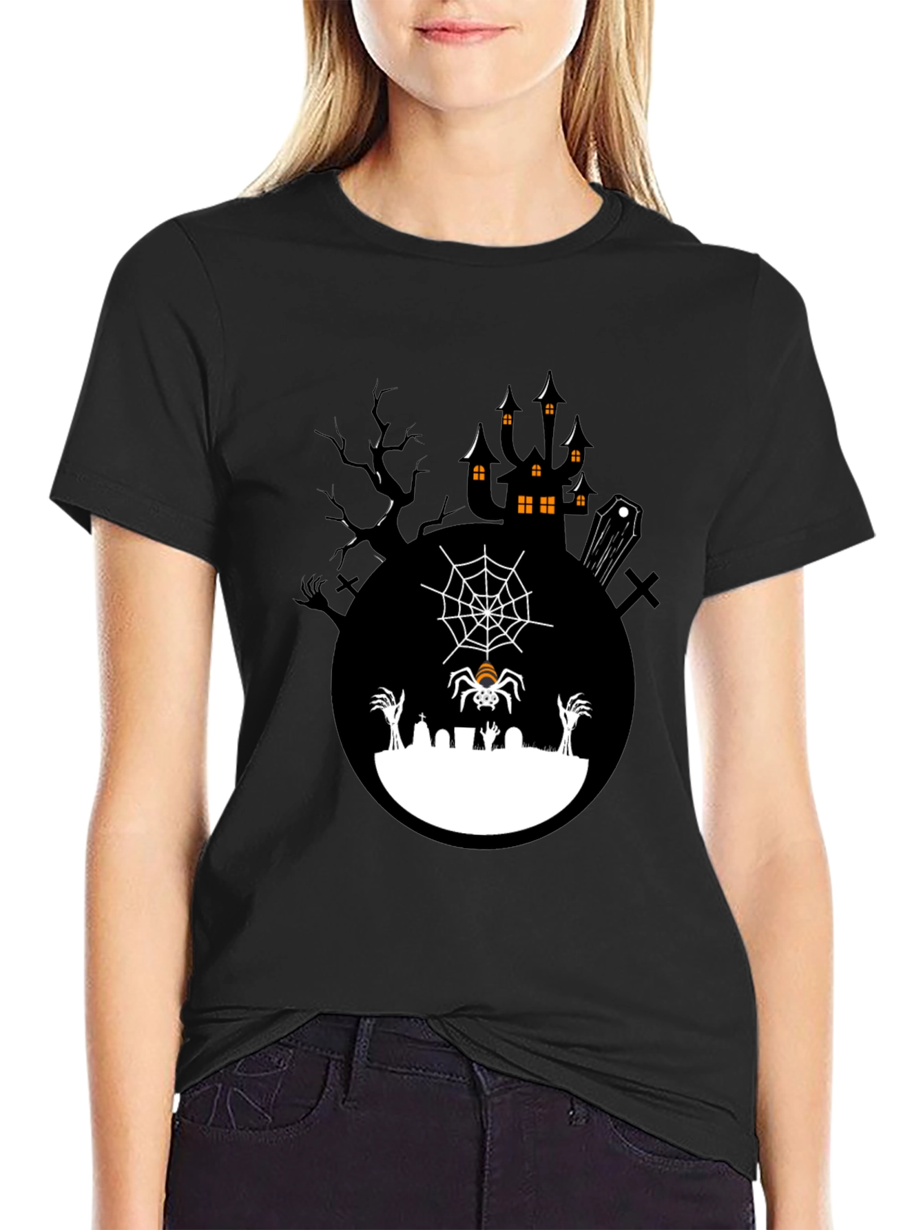 Spooky Halloween T-Shirt - Graveyard Spider Design