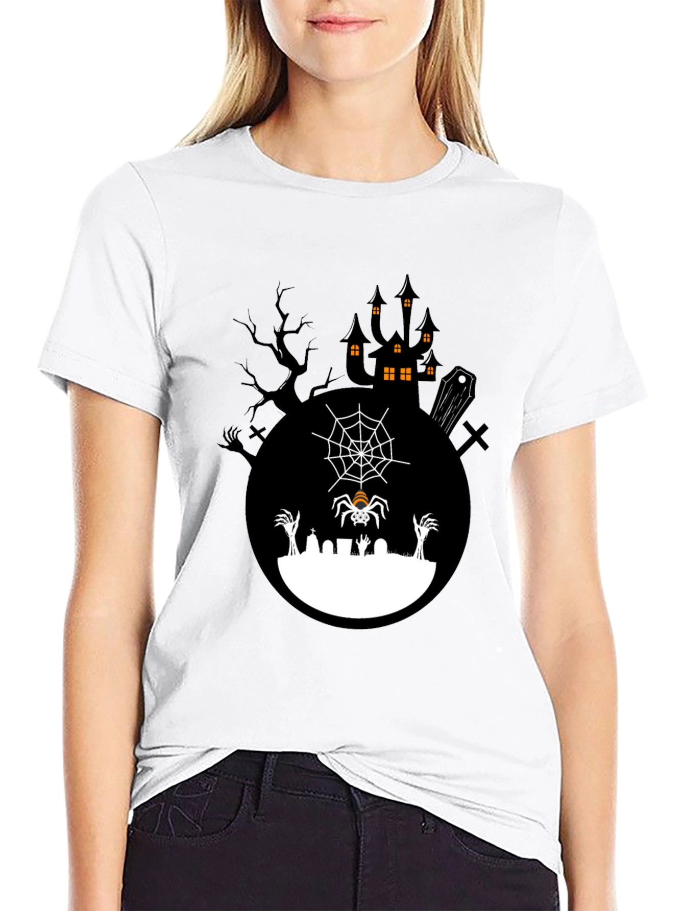 Spooky Halloween T-Shirt - Graveyard Spider Design